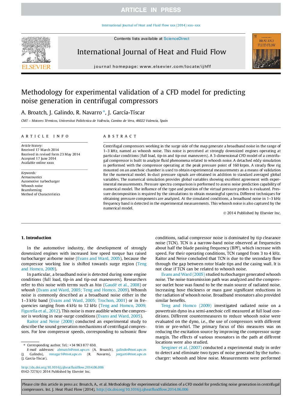 Methodology for experimental validation of a CFD model for predicting noise generation in centrifugal compressors