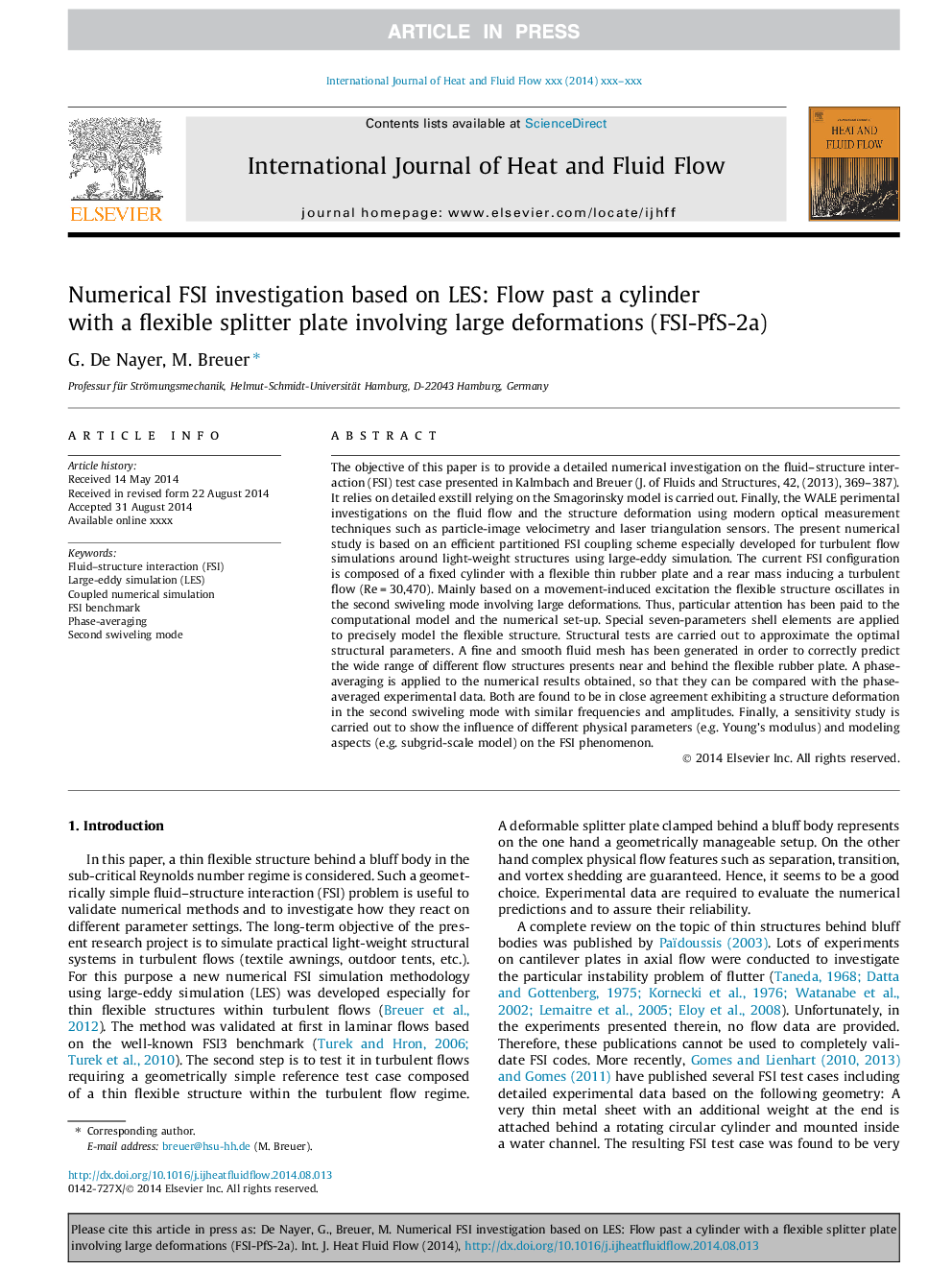 Numerical FSI investigation based on LES: Flow past a cylinder with a flexible splitter plate involving large deformations (FSI-PfS-2a)