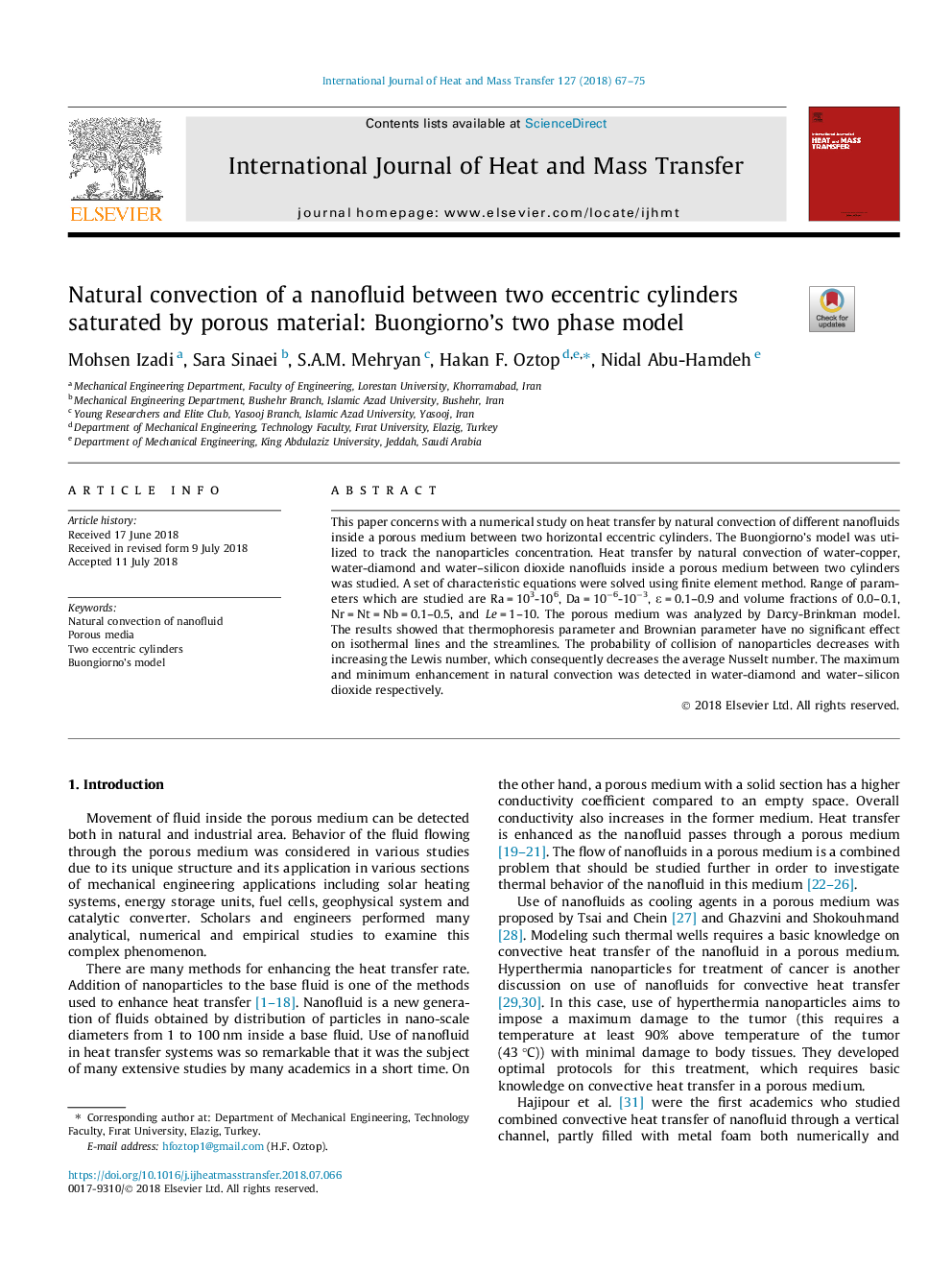 Natural convection of a nanofluid between two eccentric cylinders saturated by porous material: Buongiorno's two phase model