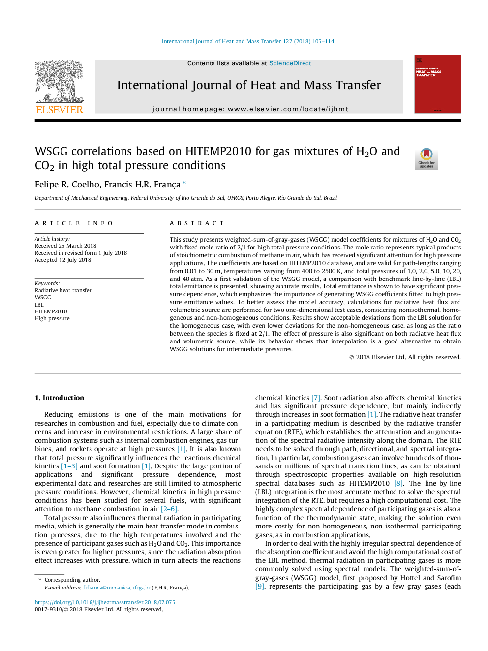 WSGG correlations based on HITEMP2010 for gas mixtures of H2O and CO2 in high total pressure conditions