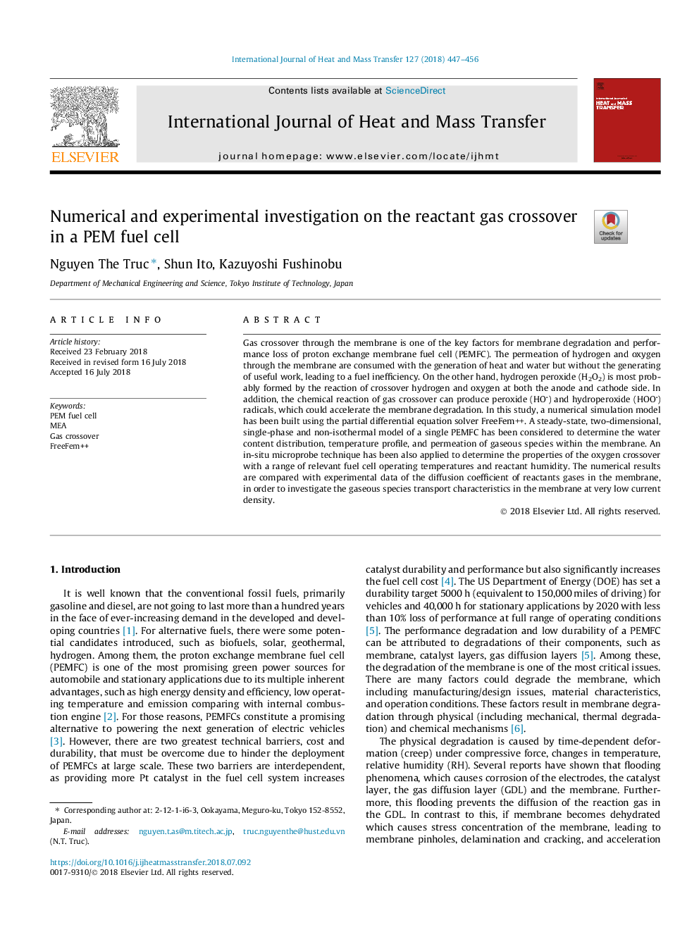 Numerical and experimental investigation on the reactant gas crossover in a PEM fuel cell