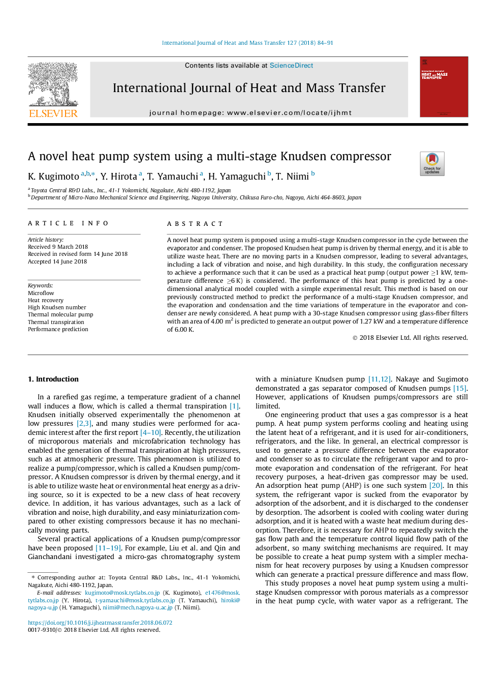 A novel heat pump system using a multi-stage Knudsen compressor