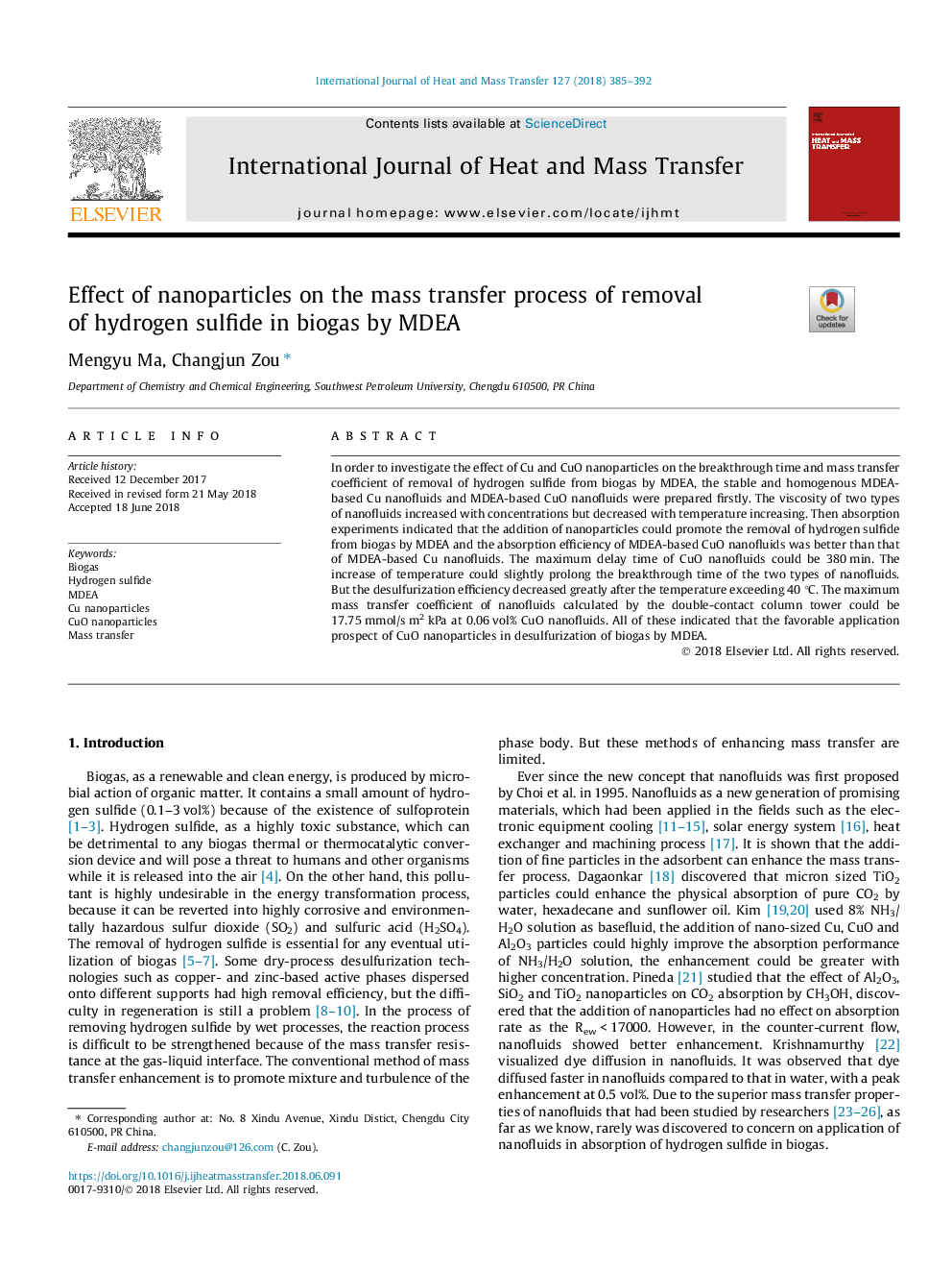 Effect of nanoparticles on the mass transfer process of removal of hydrogen sulfide in biogas by MDEA