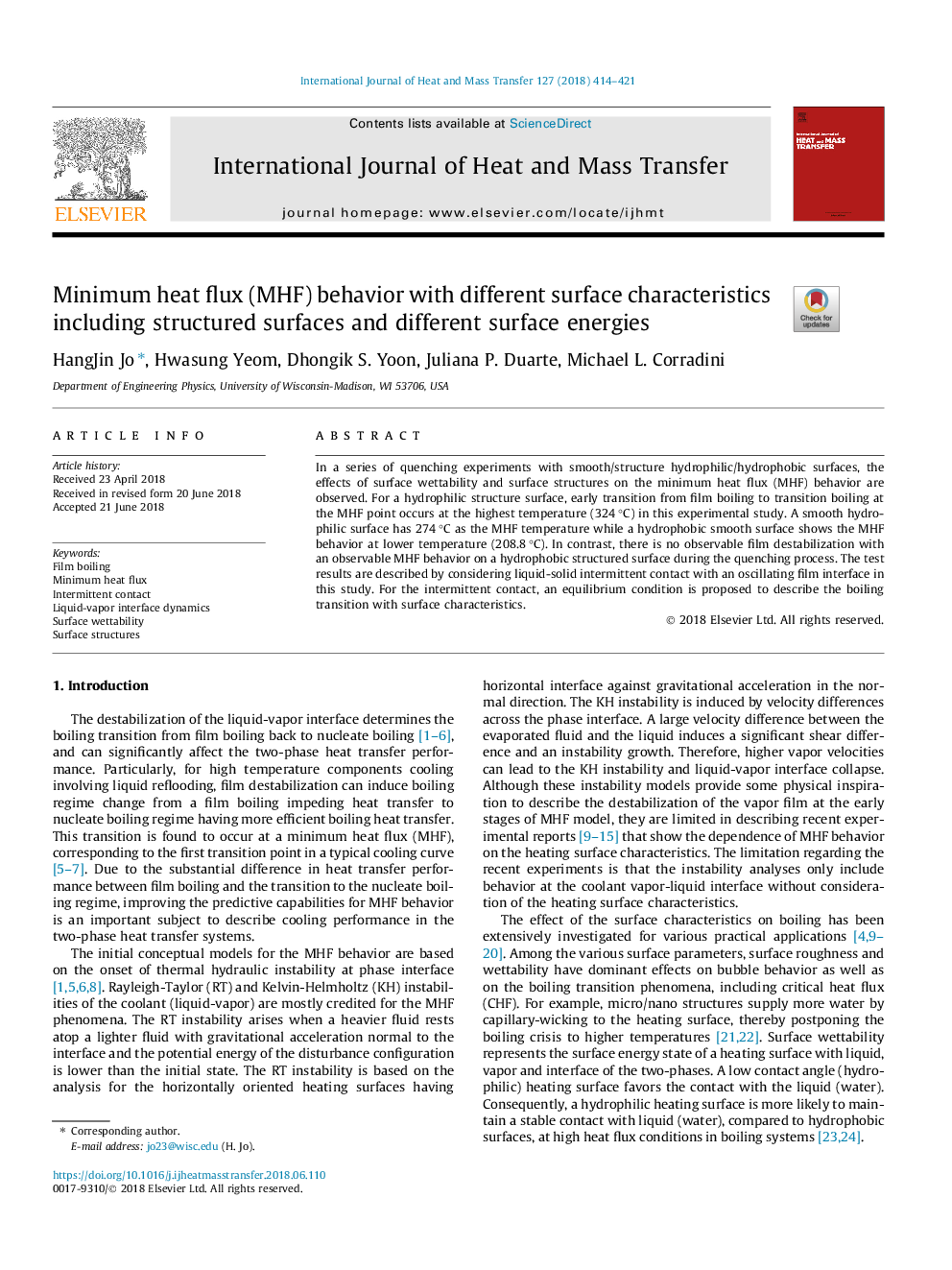 Minimum heat flux (MHF) behavior with different surface characteristics including structured surfaces and different surface energies