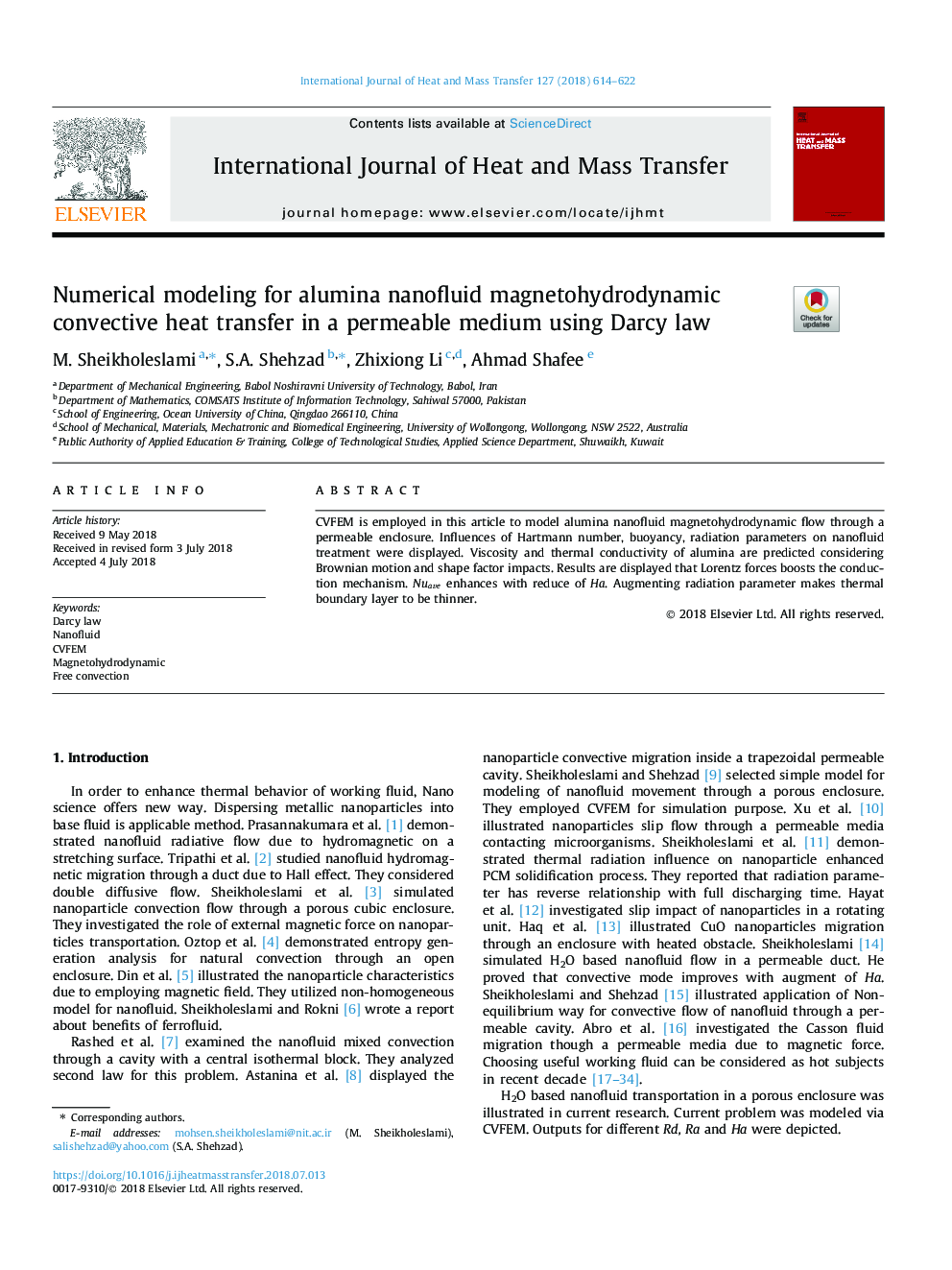 Numerical modeling for alumina nanofluid magnetohydrodynamic convective heat transfer in a permeable medium using Darcy law