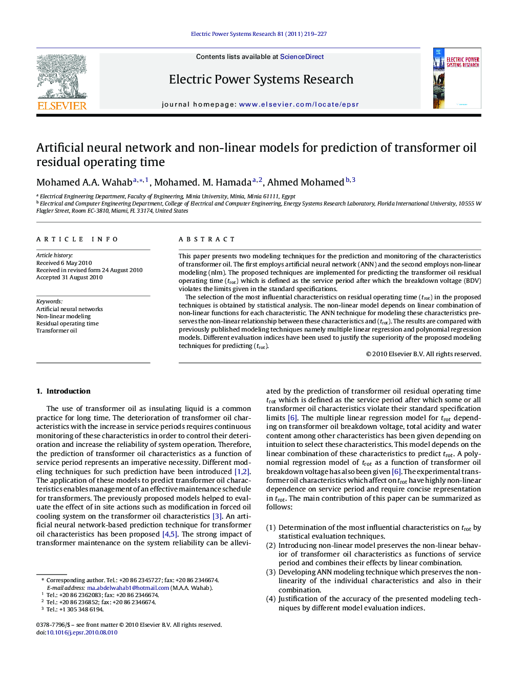 Artificial neural network and non-linear models for prediction of transformer oil residual operating time