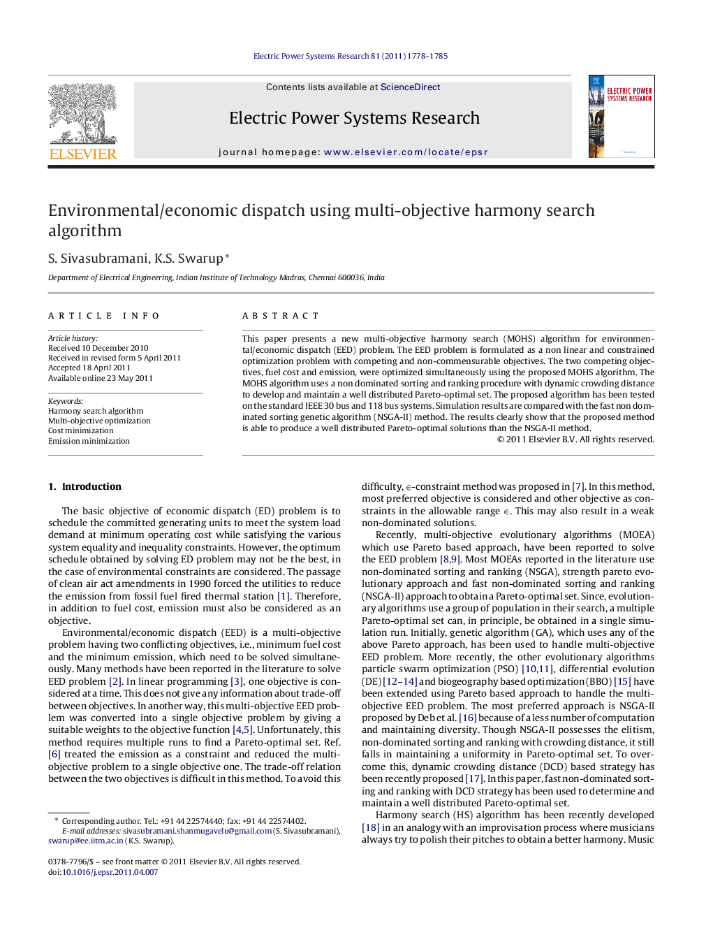 عکس صفحه اول مقاله: Environmental/economic dispatch using multi-objective harmony search algorithm Environmental/economic dispatch using multi-objective harmony search algorithm
