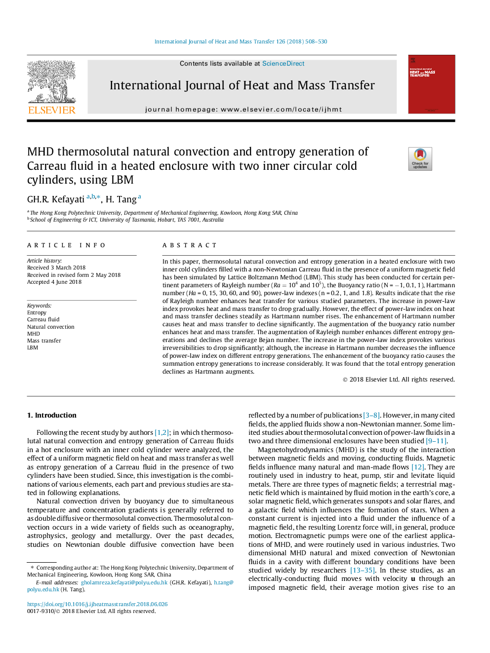 MHD thermosolutal natural convection and entropy generation of Carreau fluid in a heated enclosure with two inner circular cold cylinders, using LBM