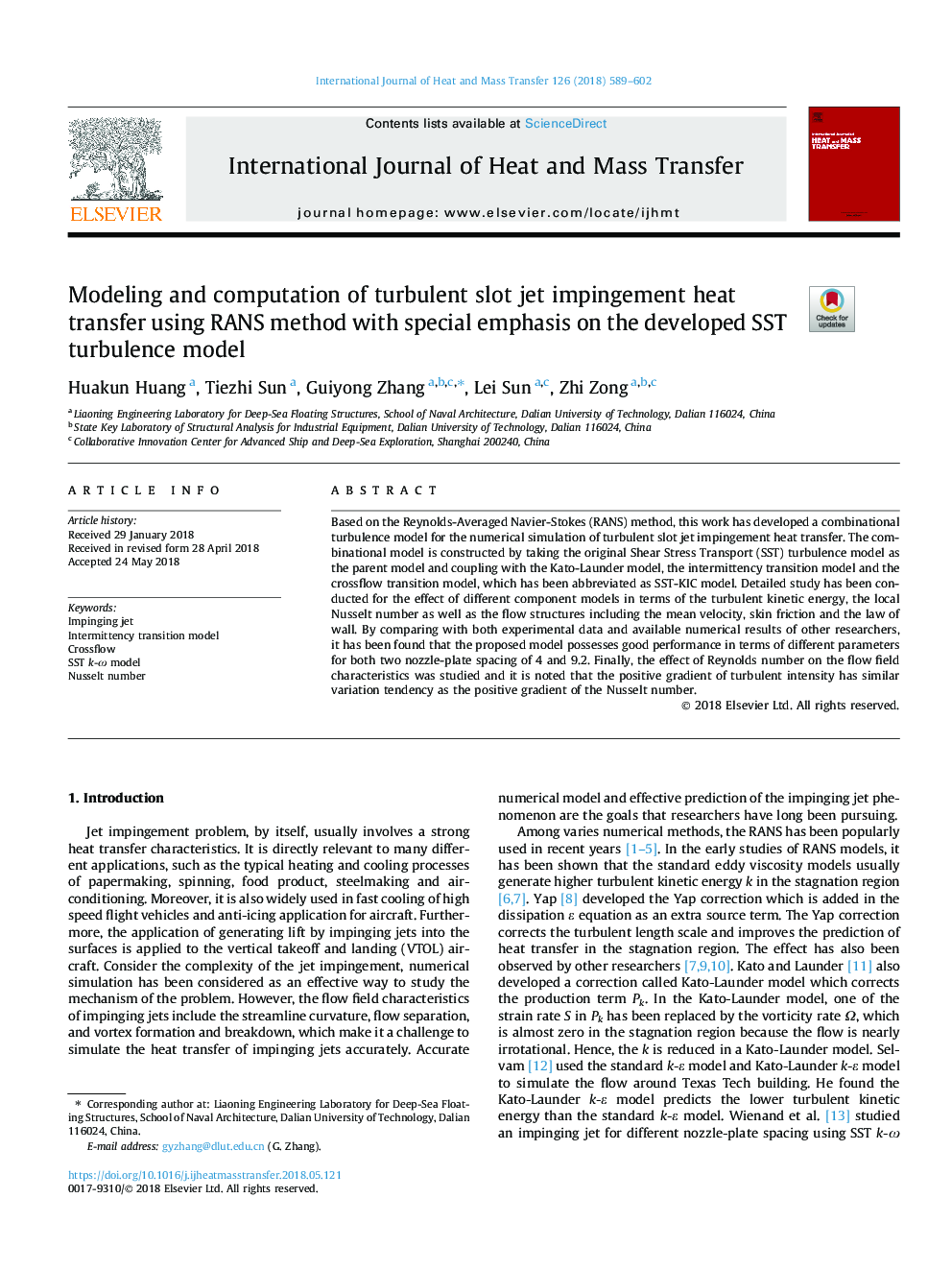 Modeling and computation of turbulent slot jet impingement heat transfer using RANS method with special emphasis on the developed SST turbulence model