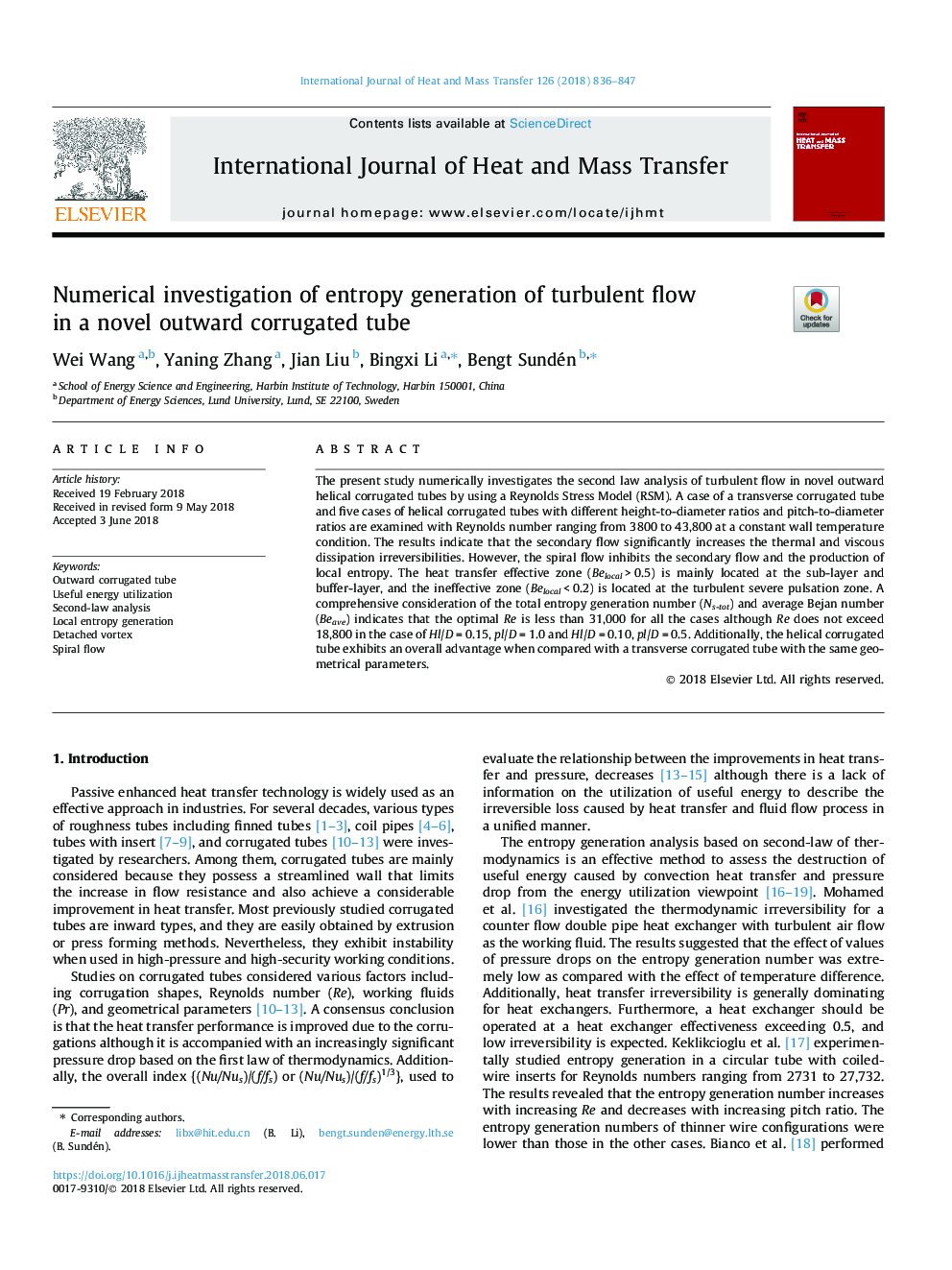 Numerical investigation of entropy generation of turbulent flow in a novel outward corrugated tube