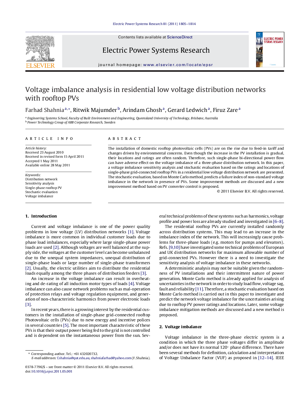 Voltage imbalance analysis in residential low voltage distribution networks with rooftop PVs