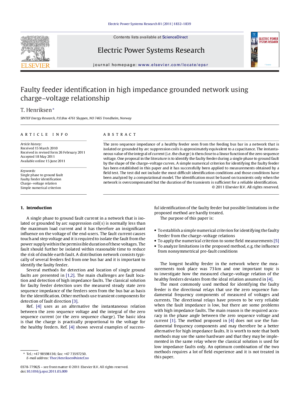 Faulty feeder identification in high impedance grounded network using charge–voltage relationship