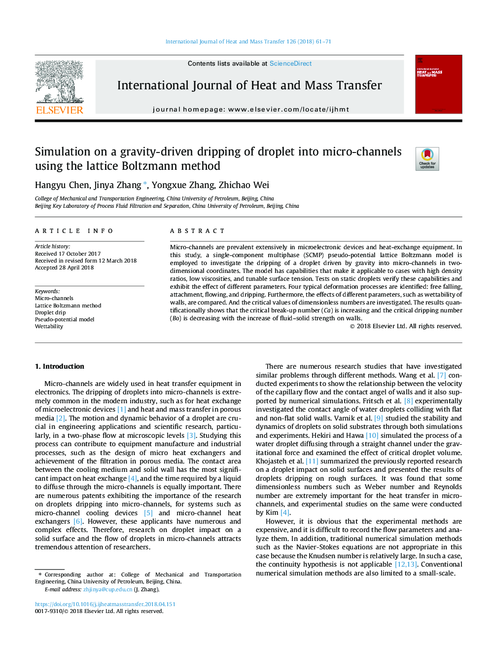 Simulation on a gravity-driven dripping of droplet into micro-channels using the lattice Boltzmann method