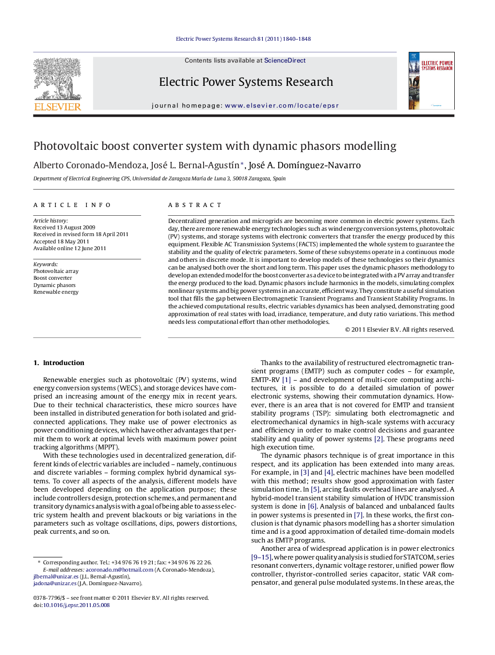 Photovoltaic boost converter system with dynamic phasors modelling