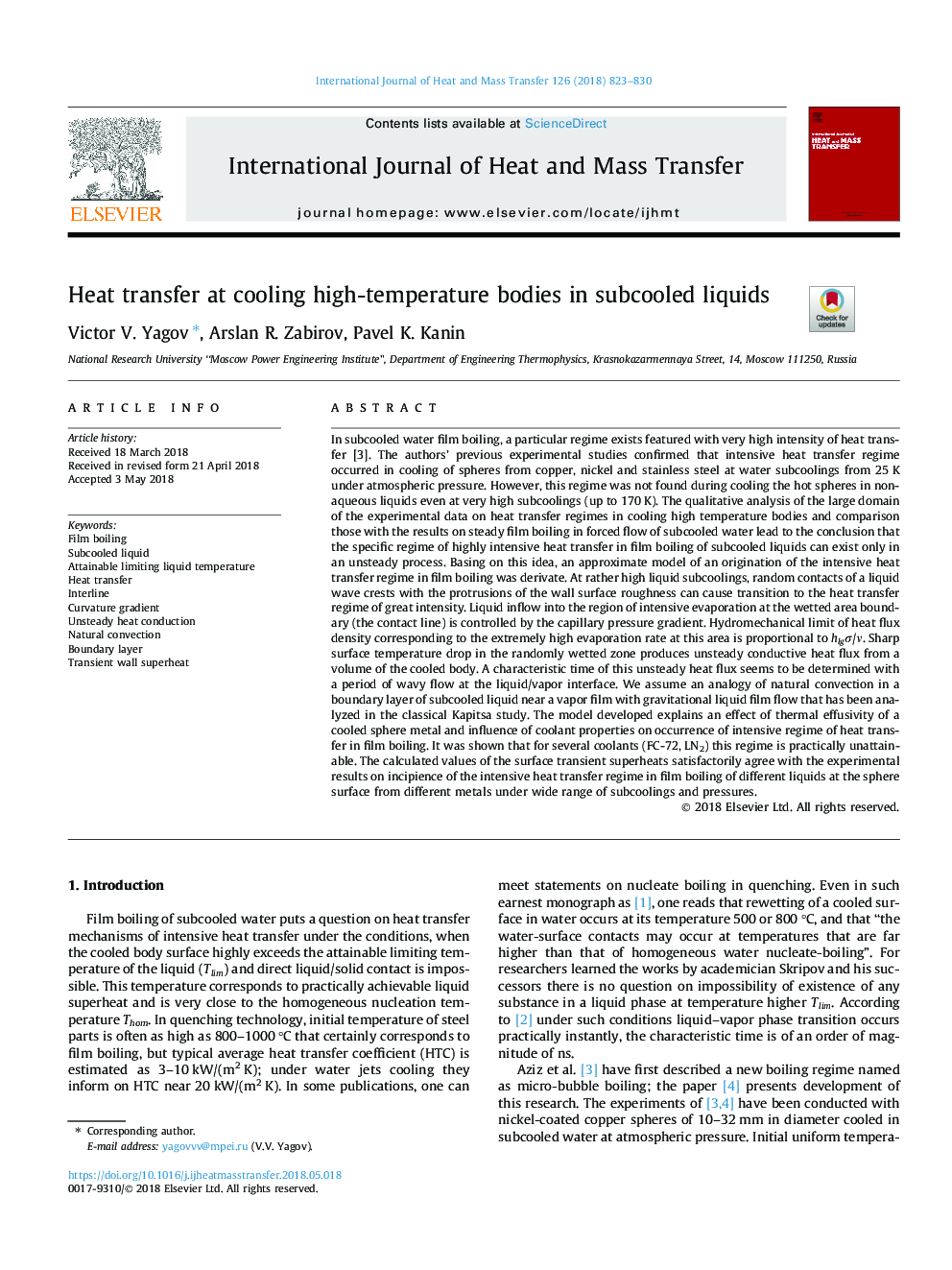 Heat transfer at cooling high-temperature bodies in subcooled liquids