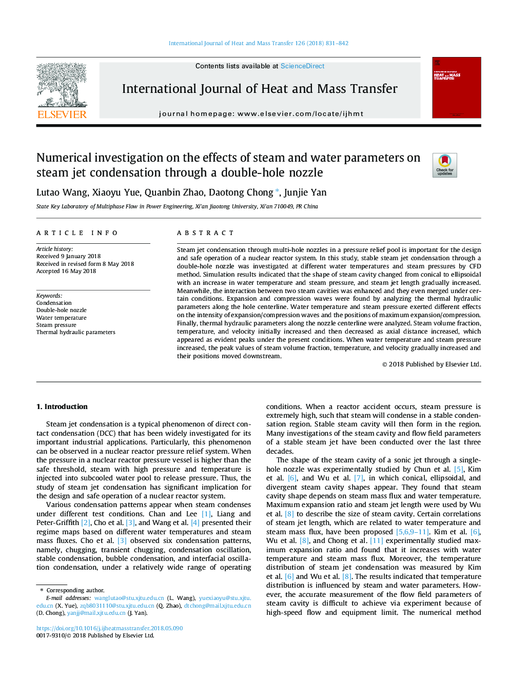 Numerical investigation on the effects of steam and water parameters on steam jet condensation through a double-hole nozzle