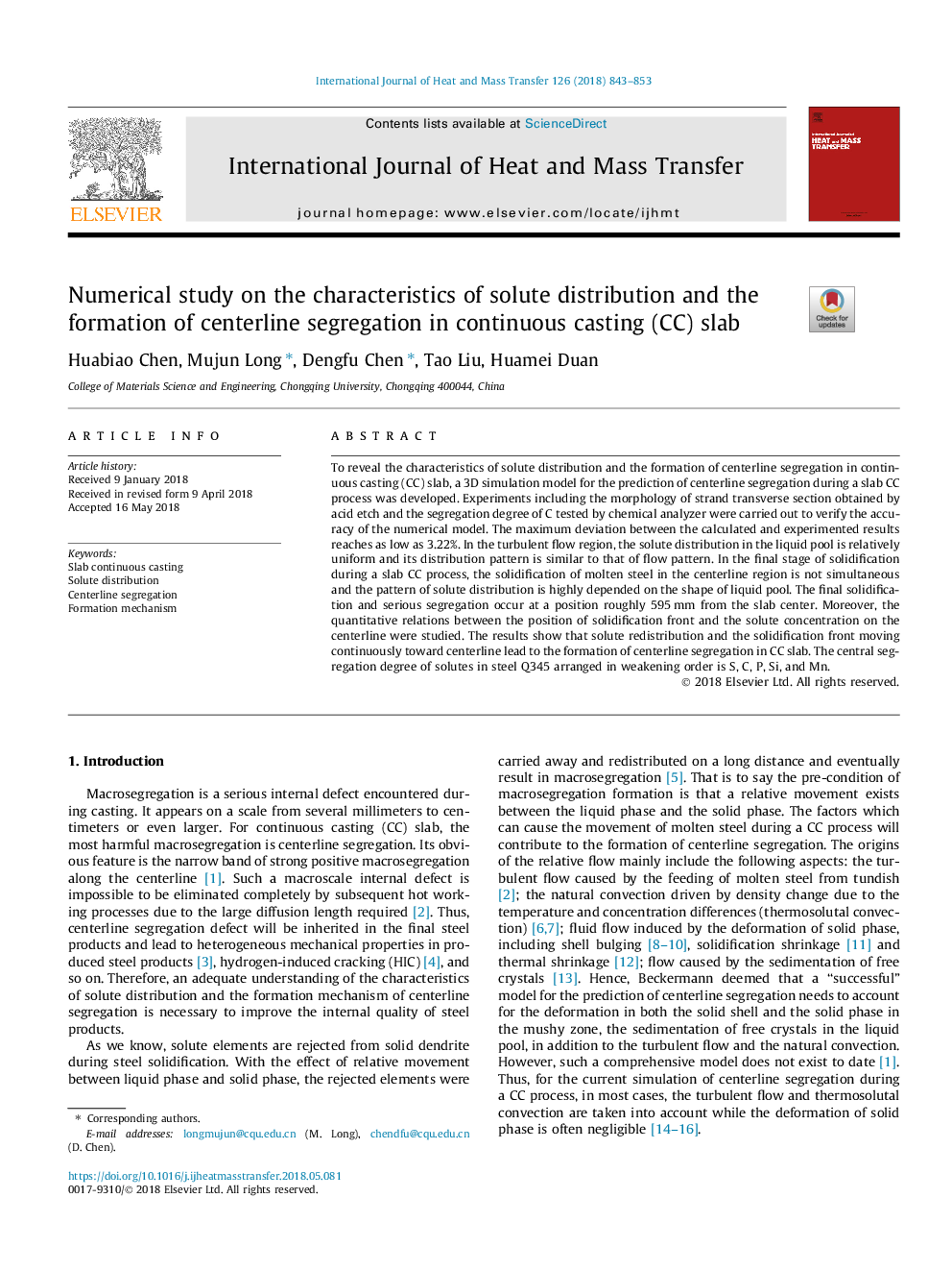 Numerical study on the characteristics of solute distribution and the formation of centerline segregation in continuous casting (CC) slab