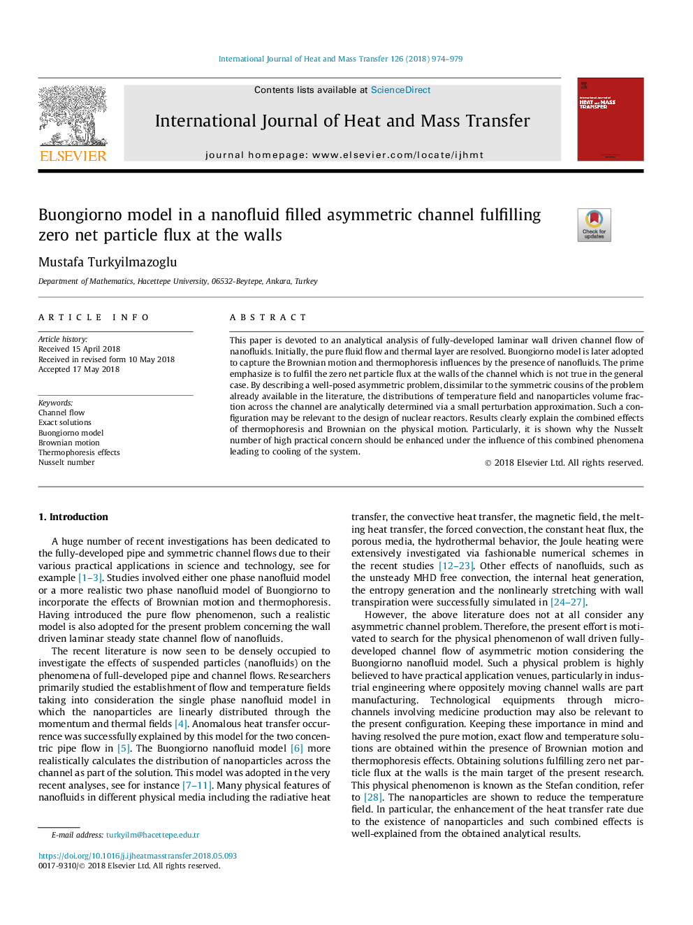 Buongiorno model in a nanofluid filled asymmetric channel fulfilling zero net particle flux at the walls