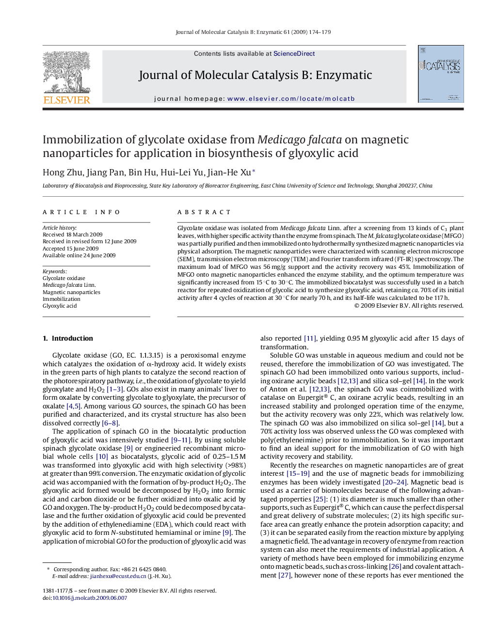 Immobilization of glycolate oxidase from Medicago falcata on magnetic nanoparticles for application in biosynthesis of glyoxylic acid