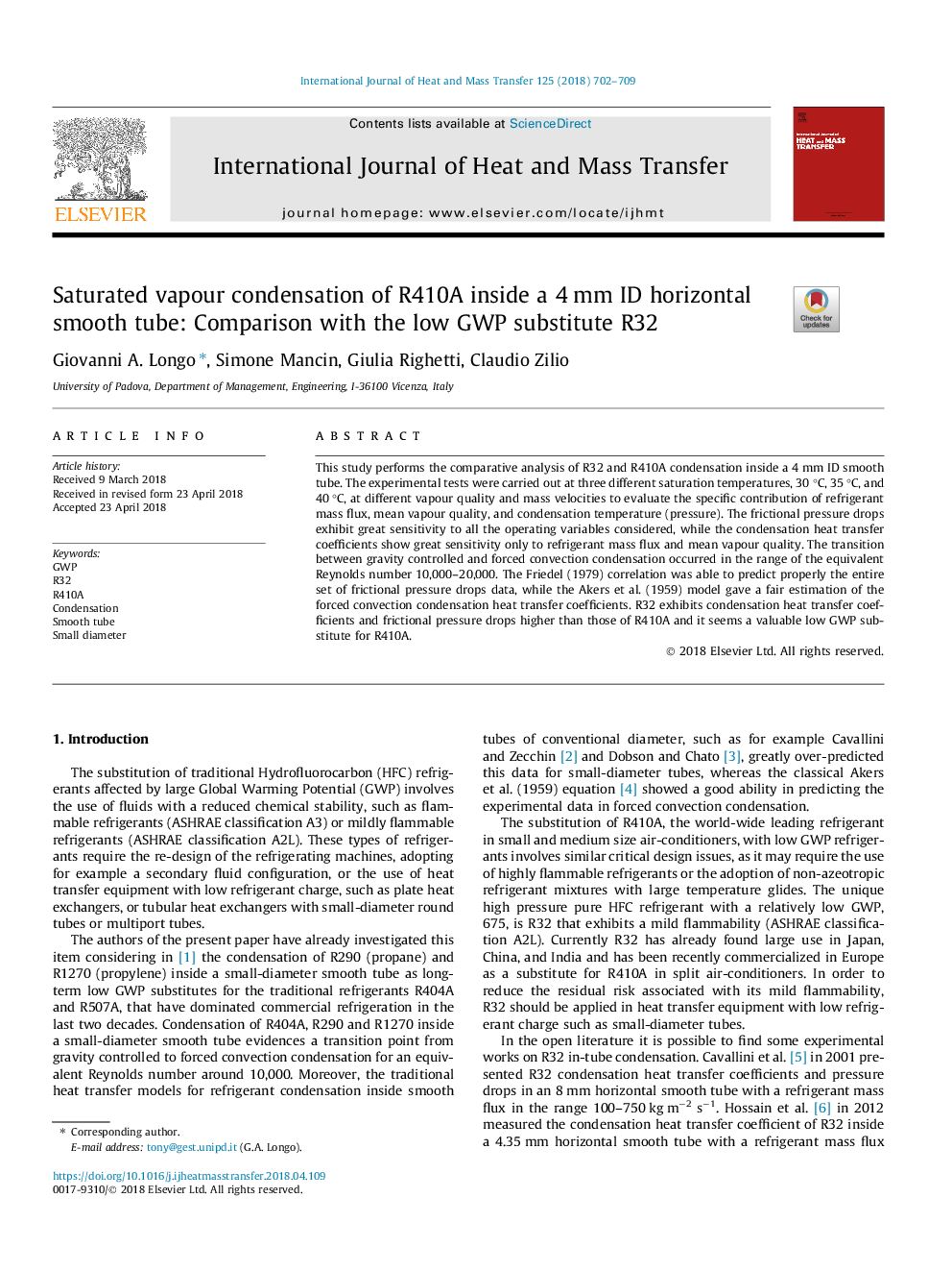 Saturated vapour condensation of R410A inside a 4â¯mm ID horizontal smooth tube: Comparison with the low GWP substitute R32