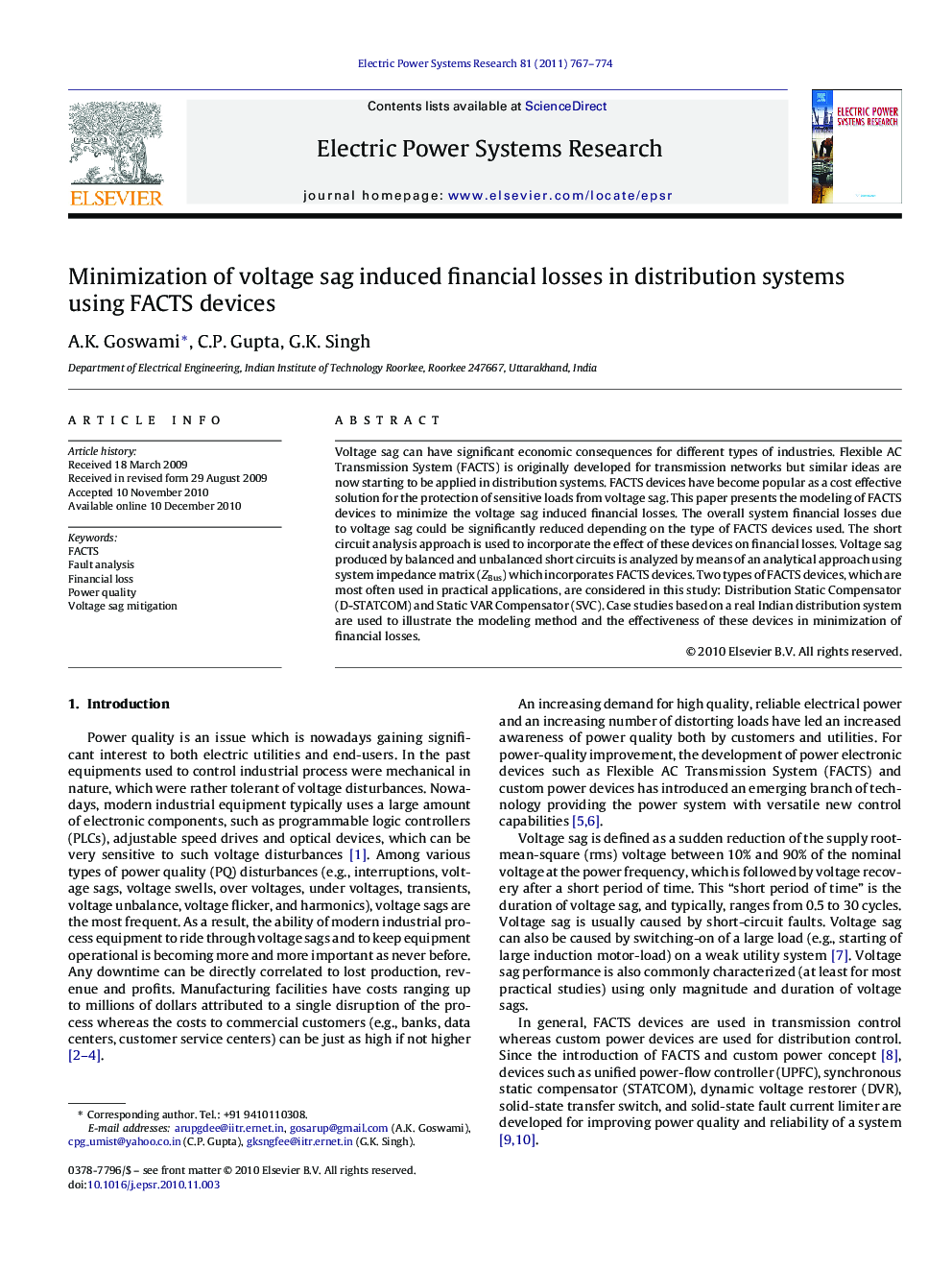 Minimization of voltage sag induced financial losses in distribution systems using FACTS devices