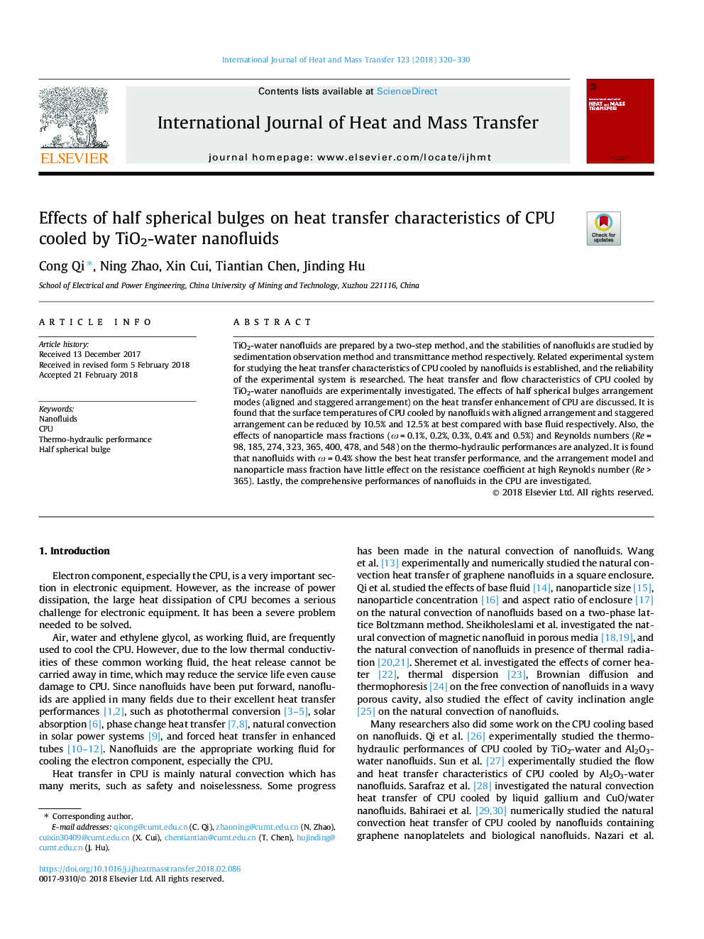 Effects of half spherical bulges on heat transfer characteristics of CPU cooled by TiO2-water nanofluids