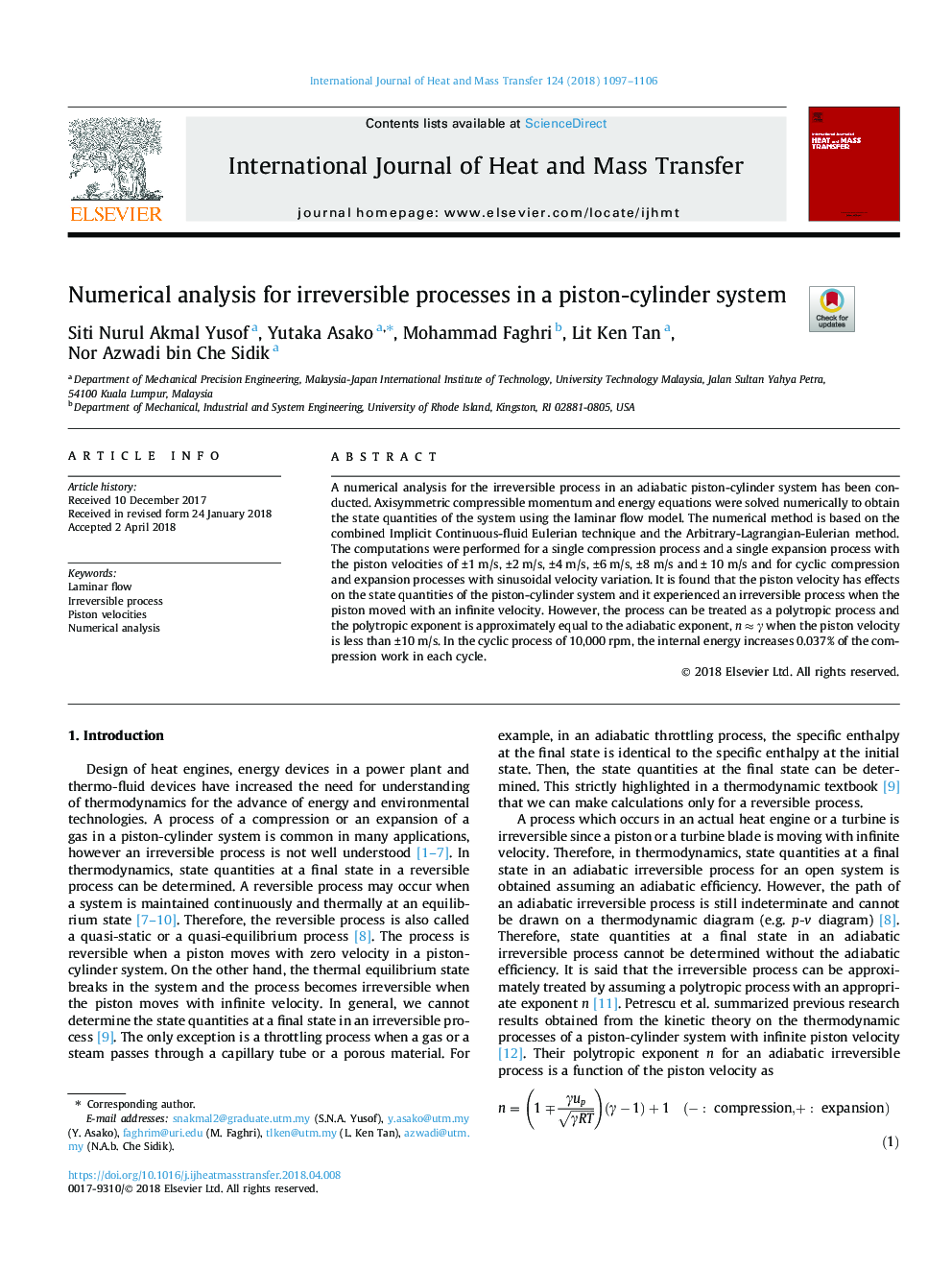 Numerical analysis for irreversible processes in a piston-cylinder system