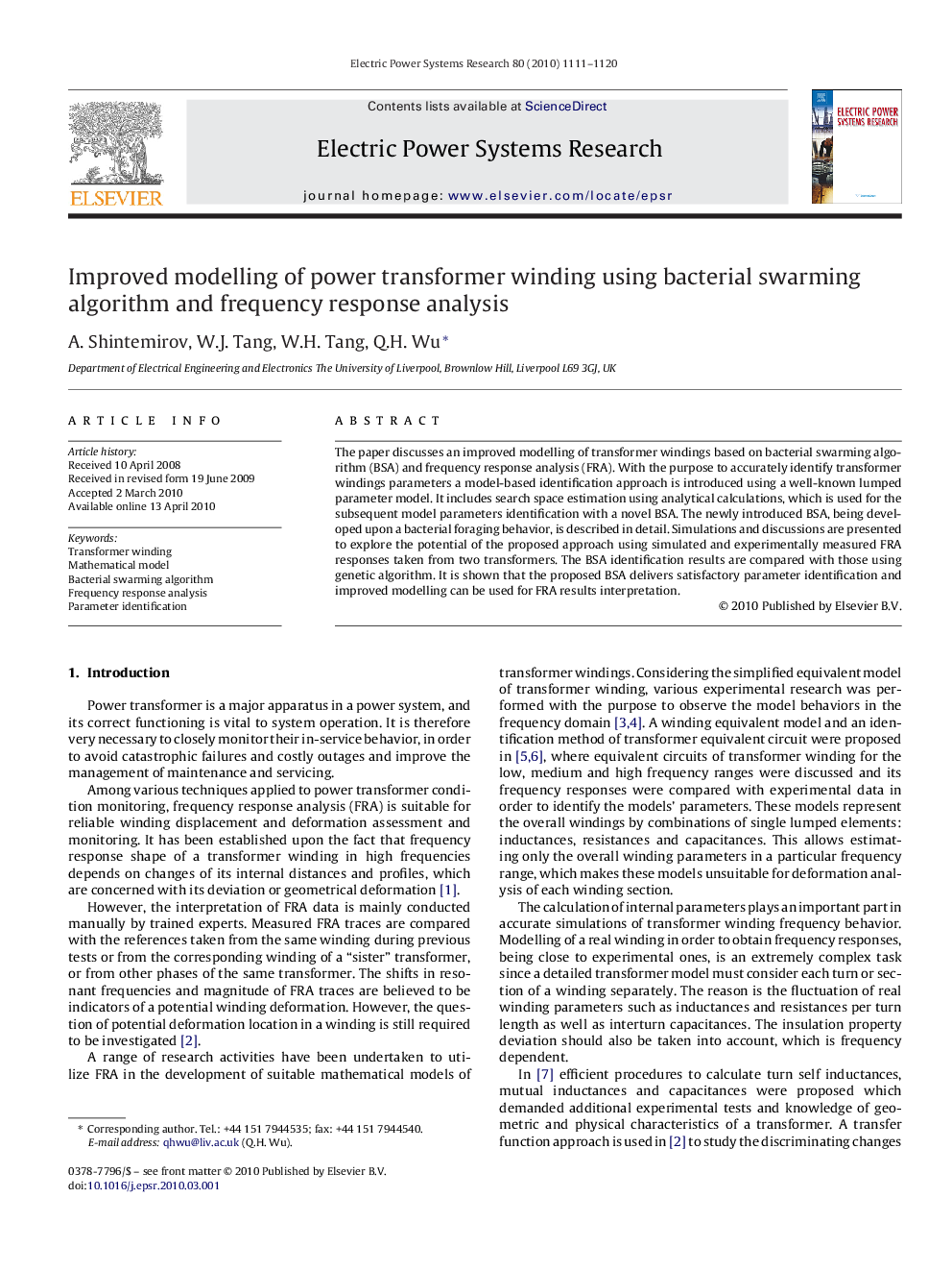 Improved modelling of power transformer winding using bacterial swarming algorithm and frequency response analysis