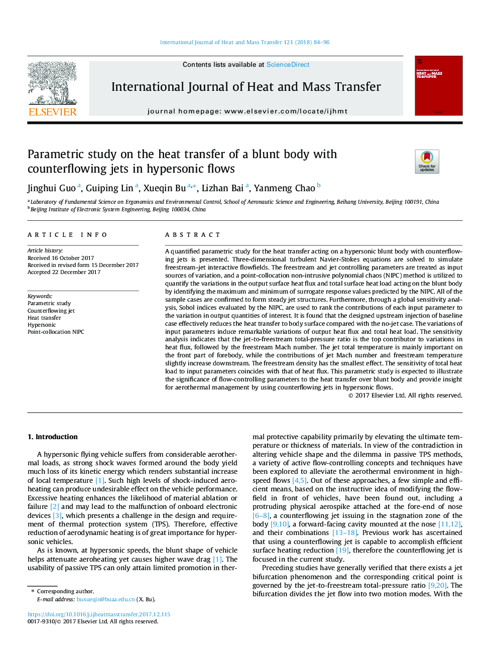 Parametric study on the heat transfer of a blunt body with counterflowing jets in hypersonic flows