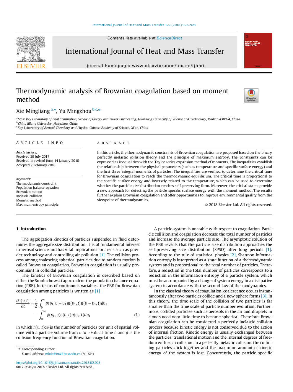 Thermodynamic analysis of Brownian coagulation based on moment method