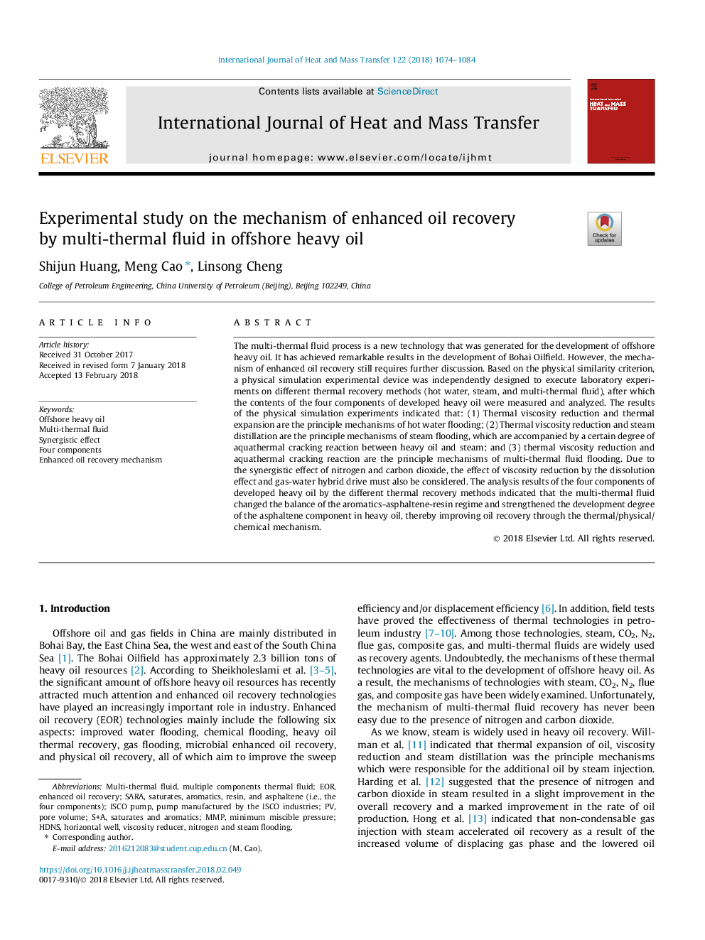 Experimental study on the mechanism of enhanced oil recovery by multi-thermal fluid in offshore heavy oil