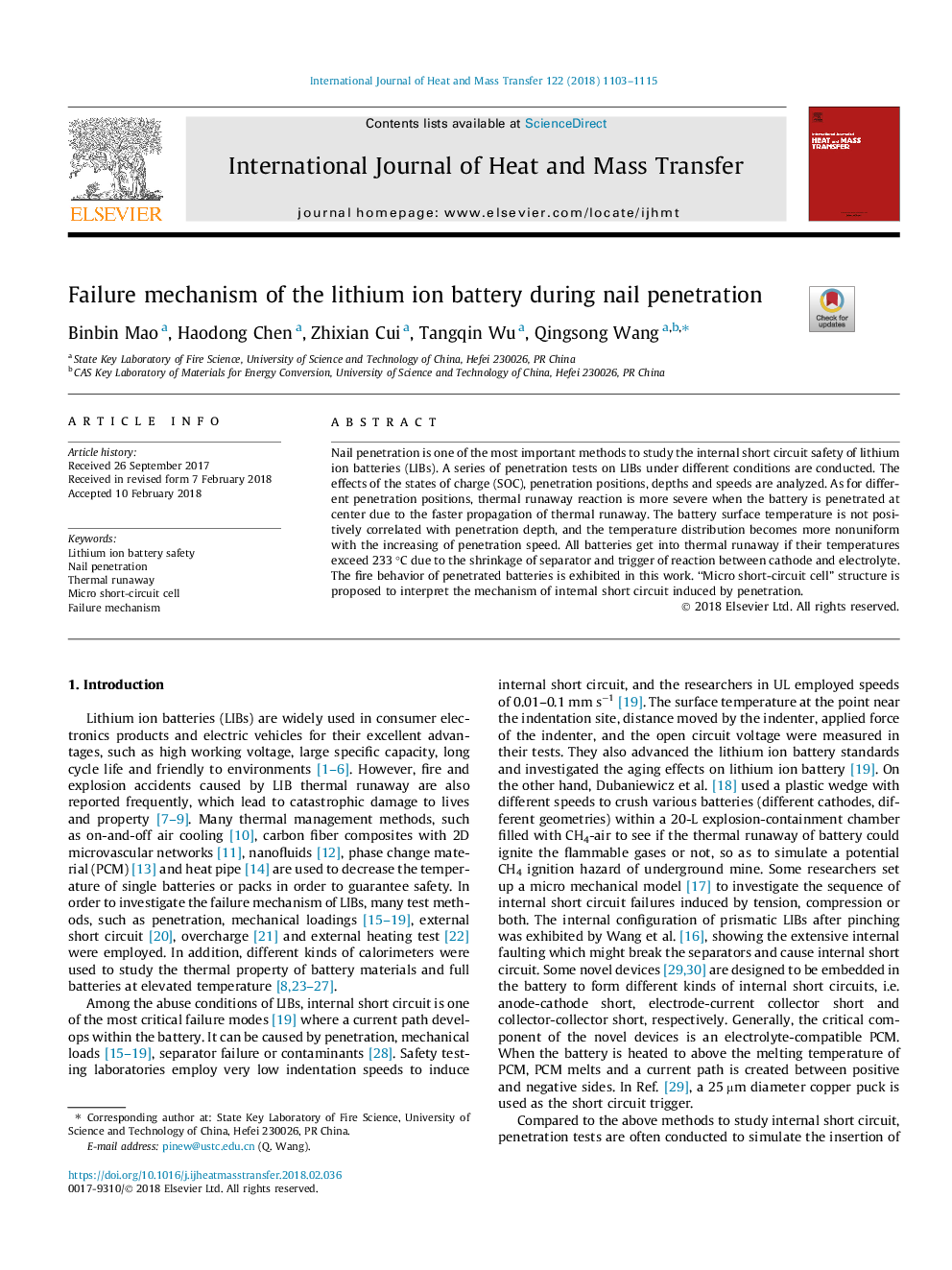 Failure mechanism of the lithium ion battery during nail penetration