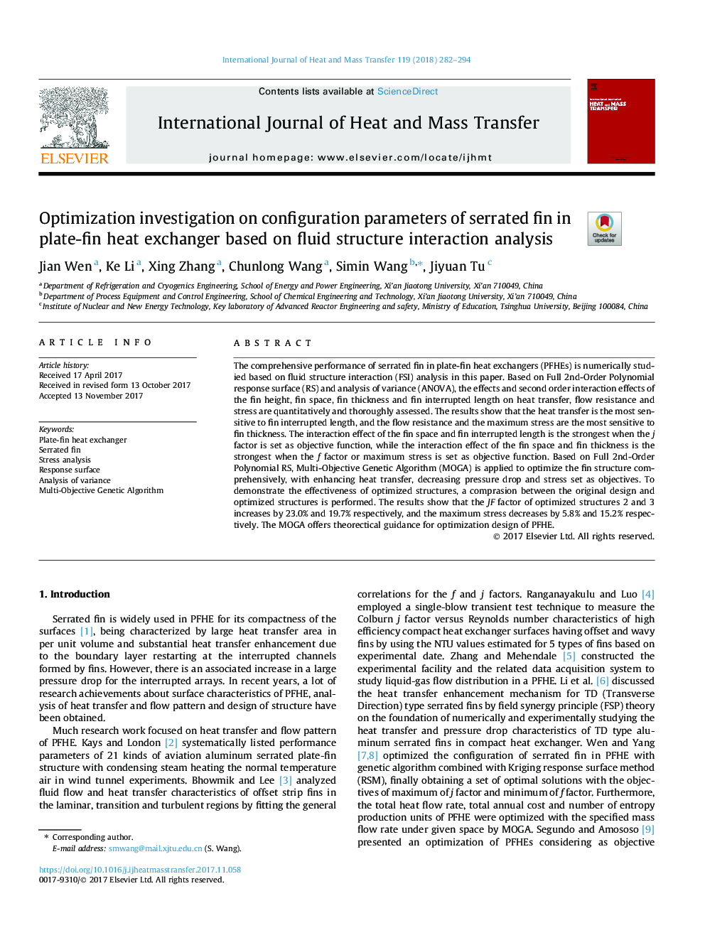 Optimization investigation on configuration parameters of serrated fin in plate-fin heat exchanger based on fluid structure interaction analysis