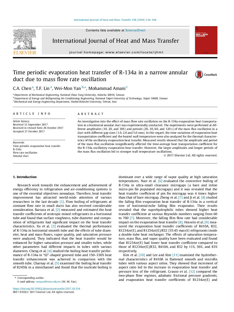 Time periodic evaporation heat transfer of R-134a in a narrow annular duct due to mass flow rate oscillation