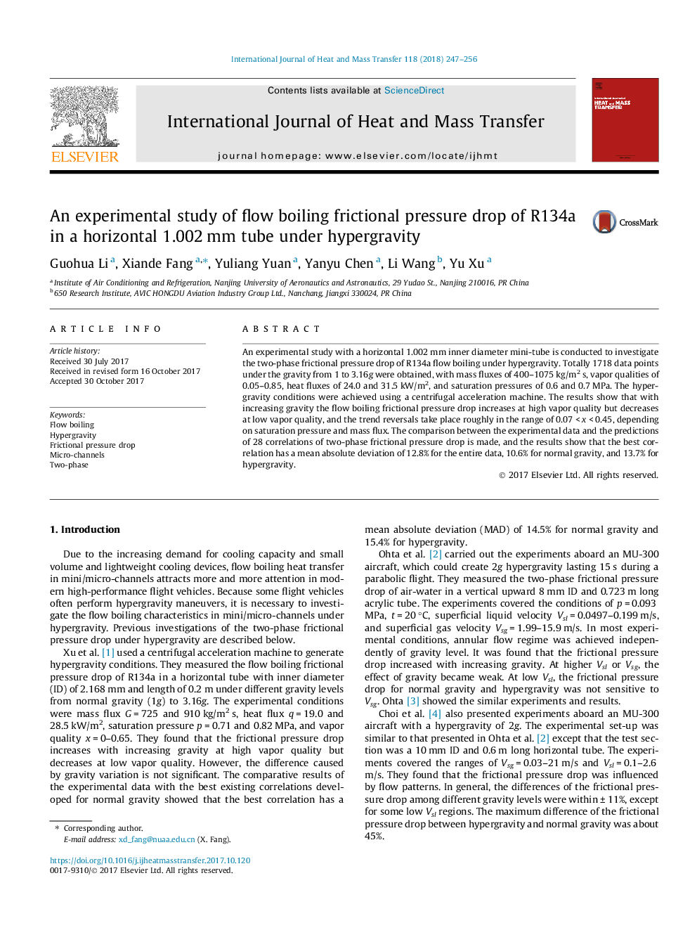 An experimental study of flow boiling frictional pressure drop of R134a in a horizontal 1.002â¯mm tube under hypergravity