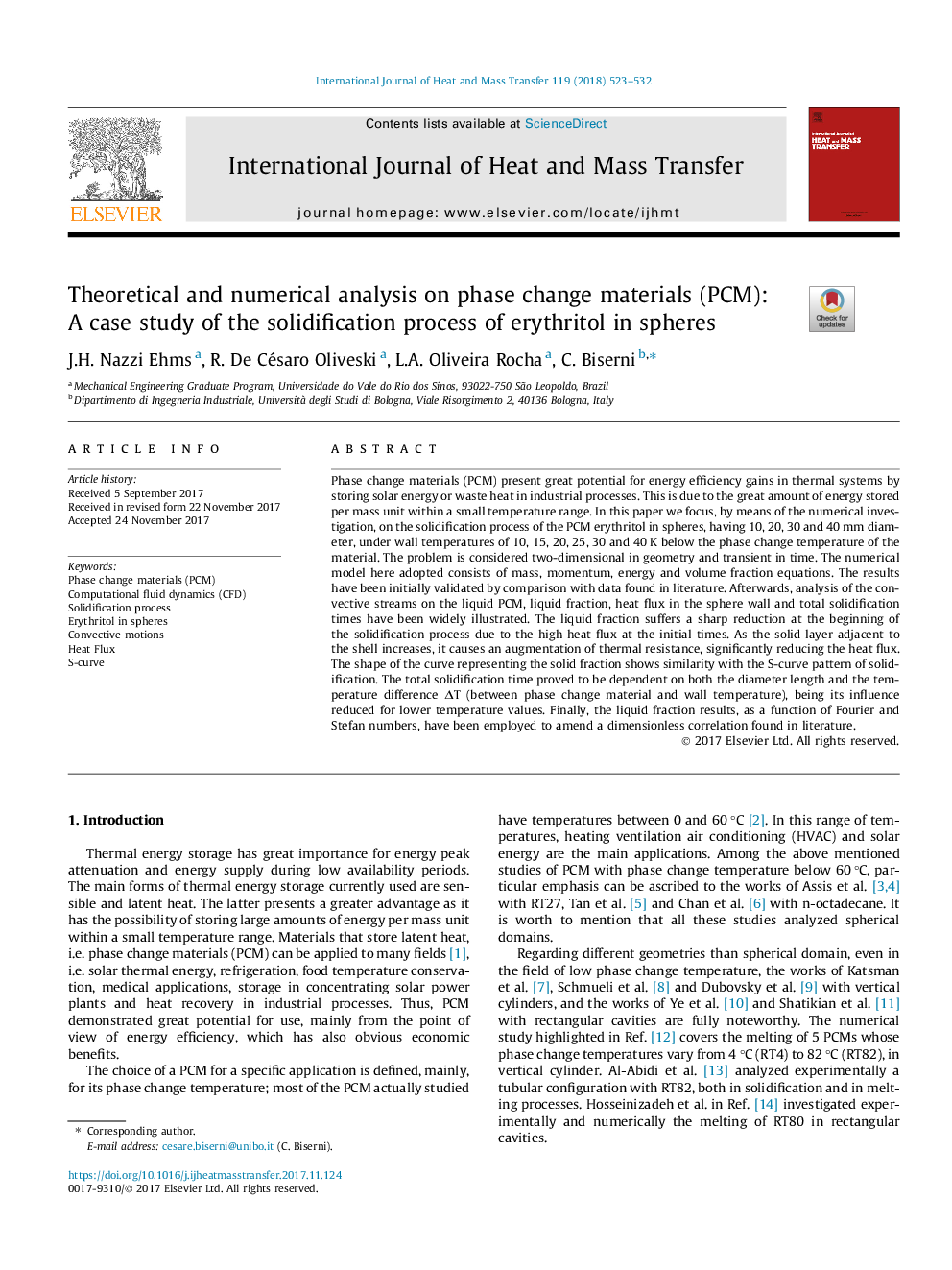 Theoretical and numerical analysis on phase change materials (PCM): A case study of the solidification process of erythritol in spheres