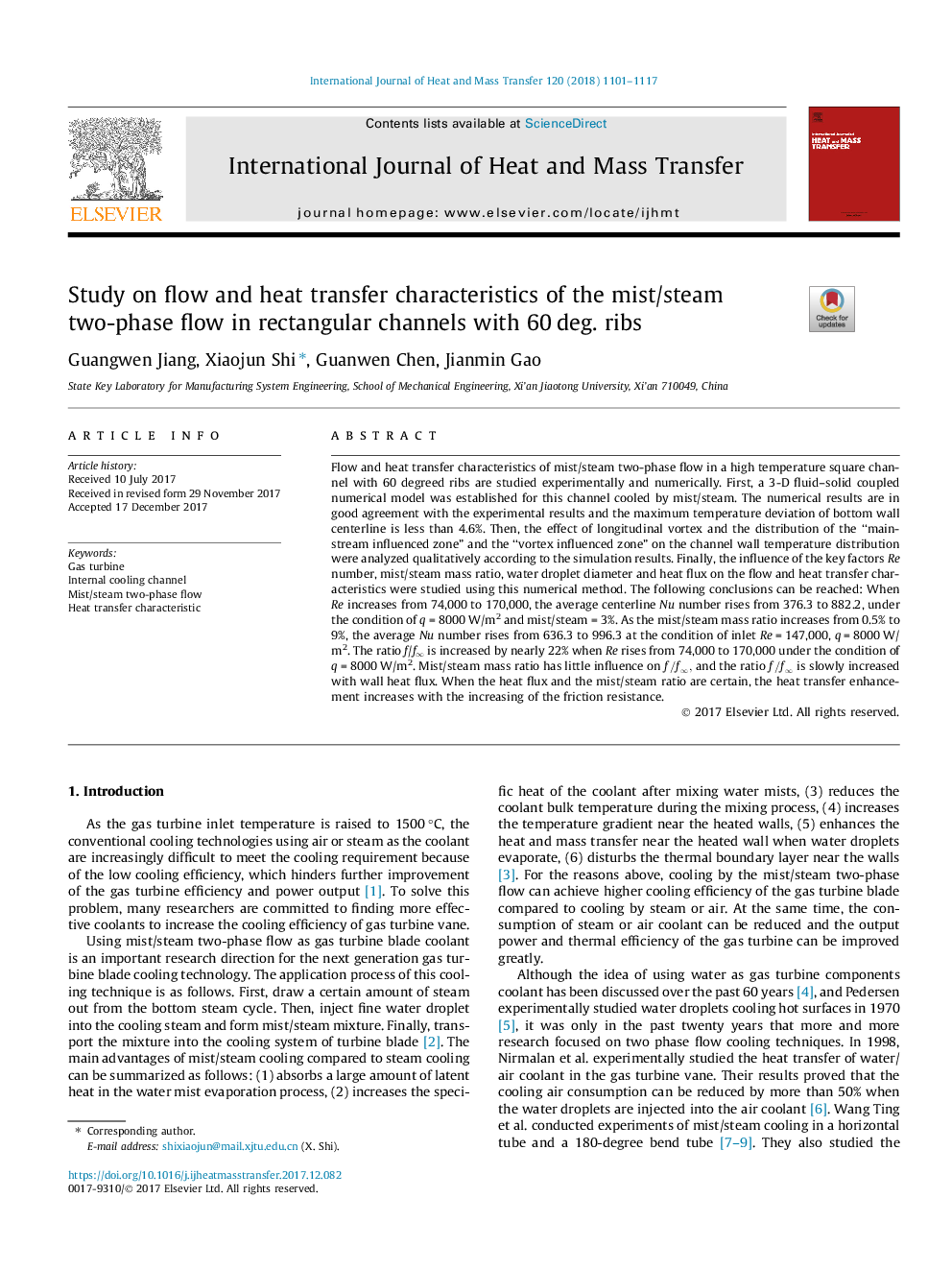 Study on flow and heat transfer characteristics of the mist/steam two-phase flow in rectangular channels with 60â¯deg. ribs