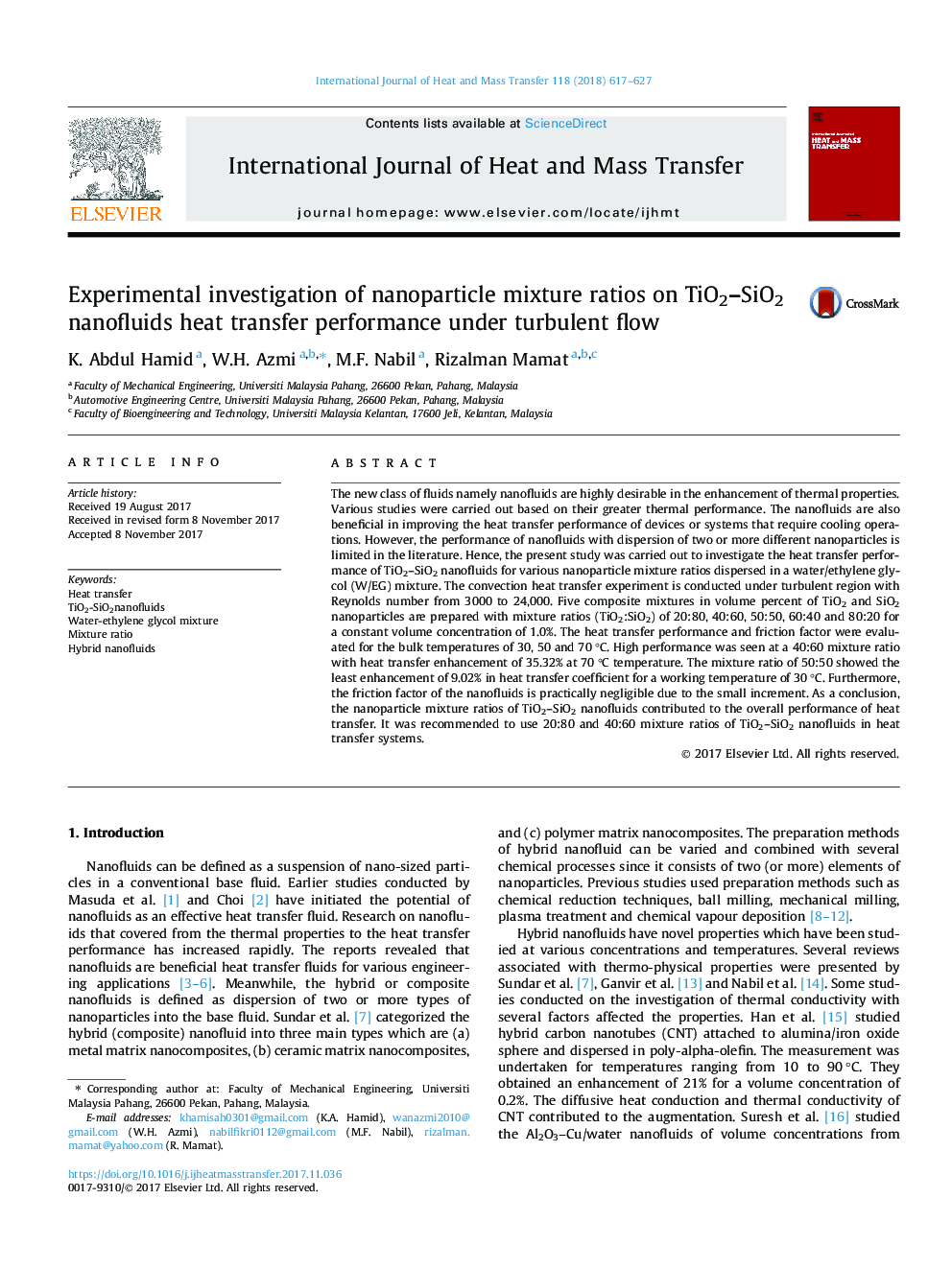 Experimental investigation of nanoparticle mixture ratios on TiO2-SiO2 nanofluids heat transfer performance under turbulent flow