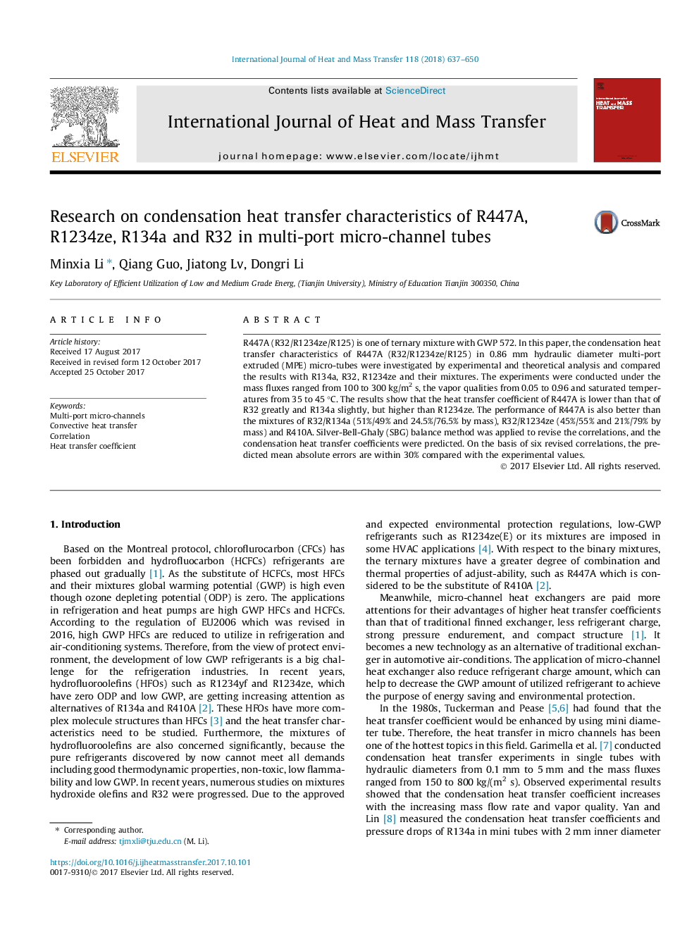 Research on condensation heat transfer characteristics of R447A, R1234ze, R134a and R32 in multi-port micro-channel tubes