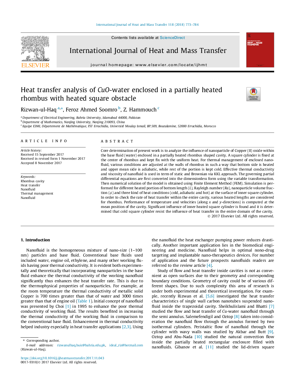 Heat transfer analysis of CuO-water enclosed in a partially heated rhombus with heated square obstacle