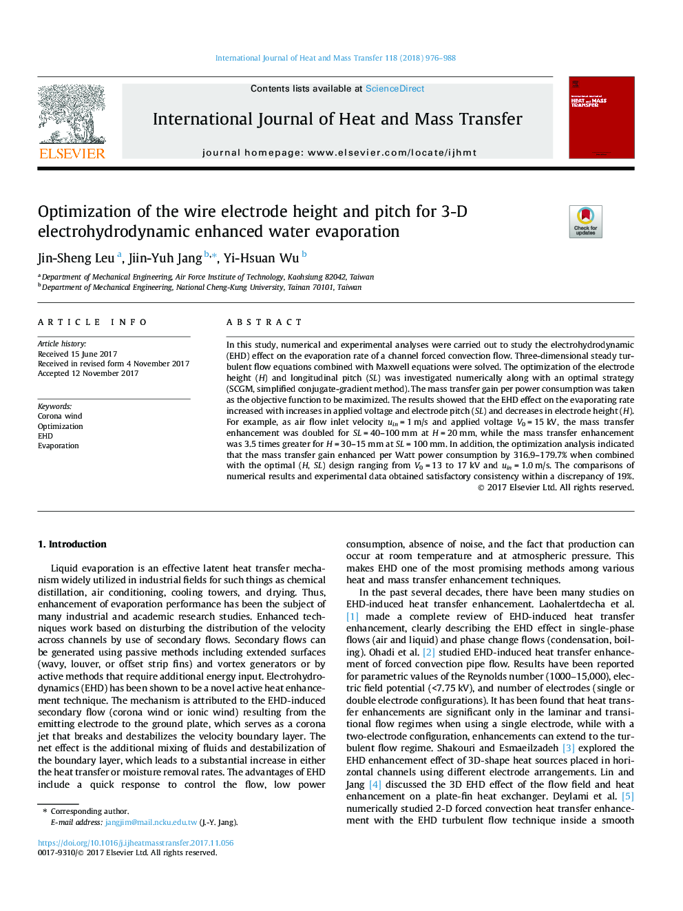 Optimization of the wire electrode height and pitch for 3-D electrohydrodynamic enhanced water evaporation