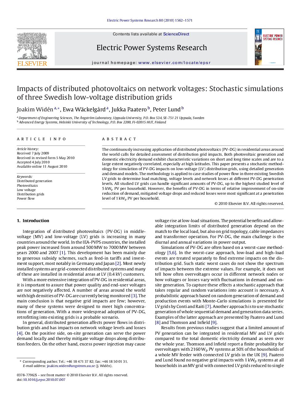 Impacts of distributed photovoltaics on network voltages: Stochastic simulations of three Swedish low-voltage distribution grids