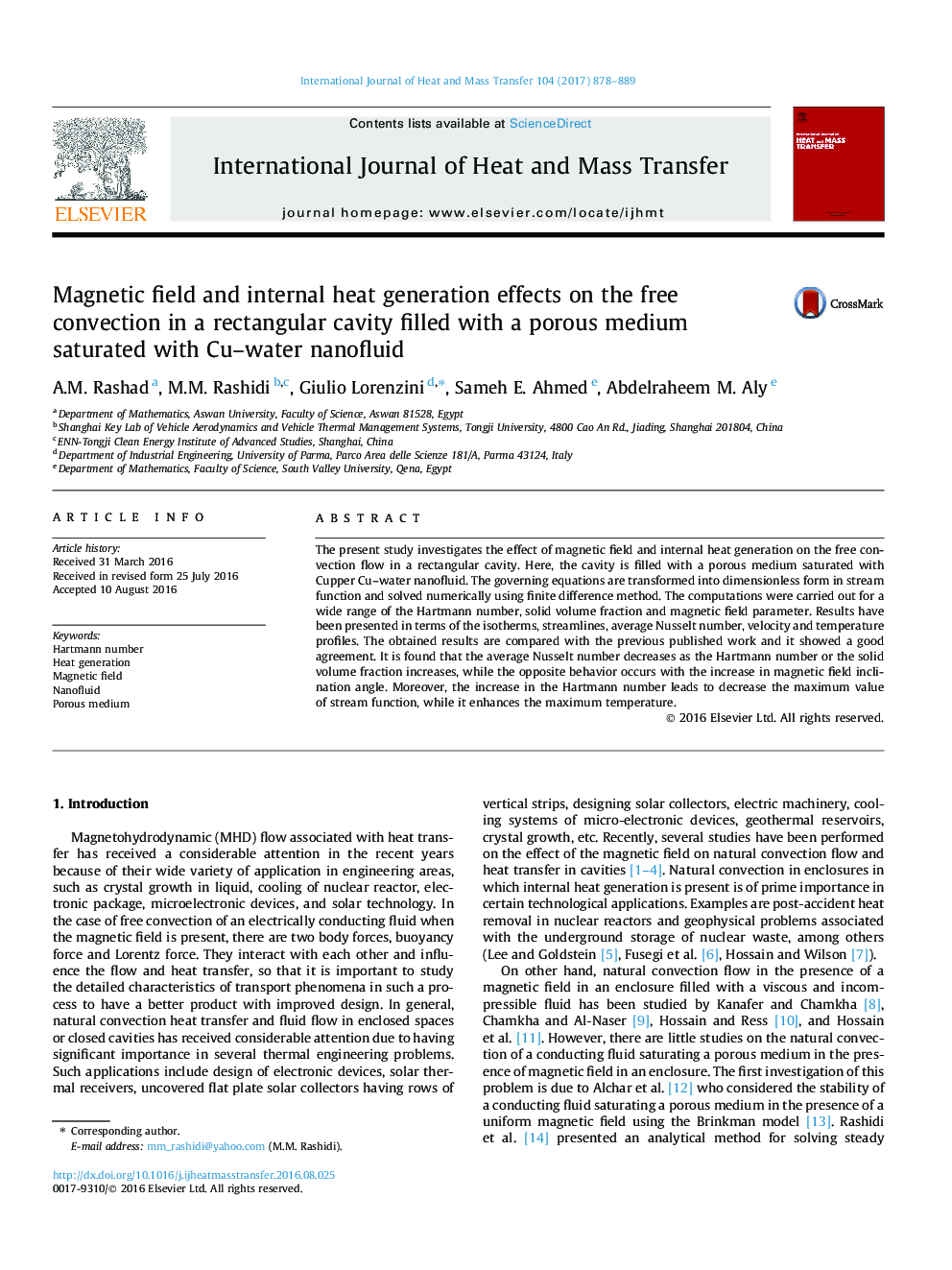 Magnetic field and internal heat generation effects on the free convection in a rectangular cavity filled with a porous medium saturated with Cu-water nanofluid