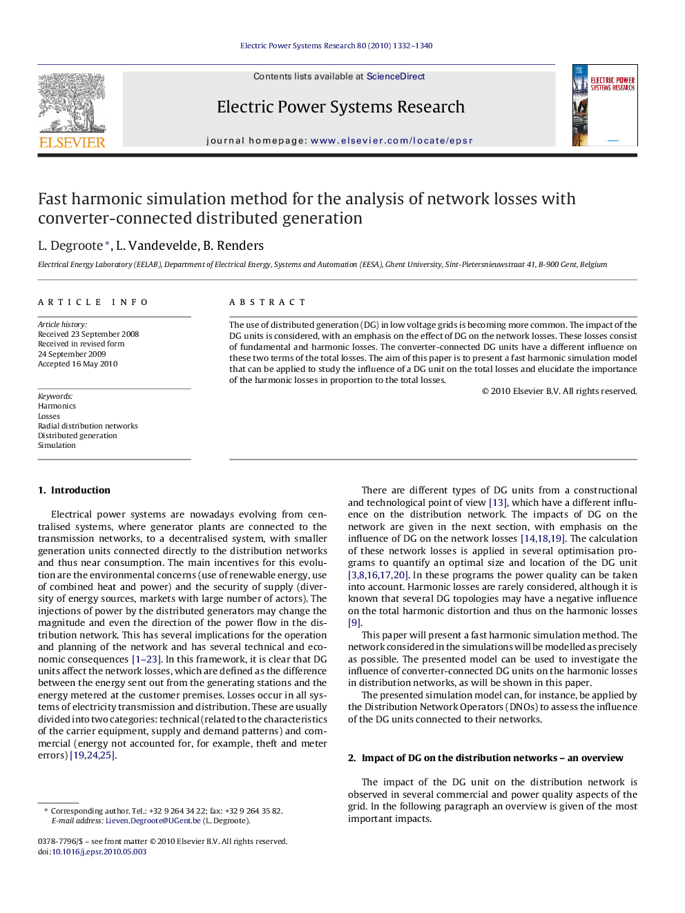 Fast harmonic simulation method for the analysis of network losses with converter-connected distributed generation