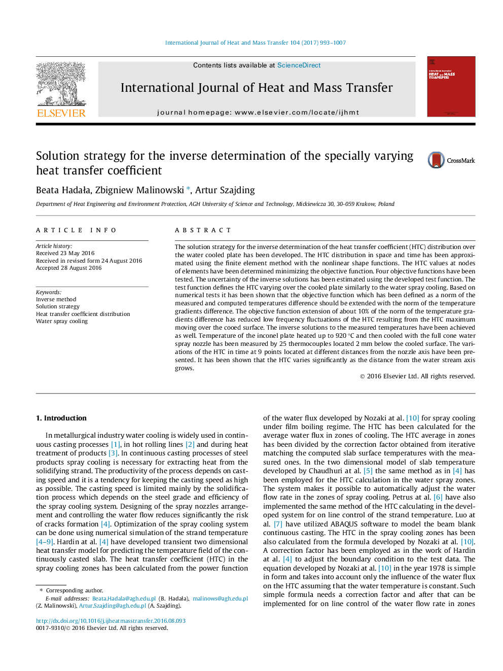 Solution strategy for the inverse determination of the specially varying heat transfer coefficient