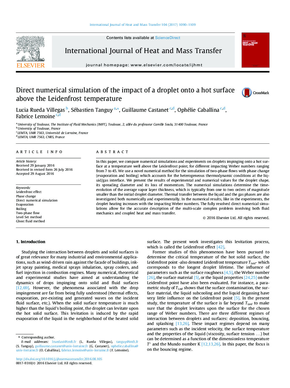 Direct numerical simulation of the impact of a droplet onto a hot surface above the Leidenfrost temperature