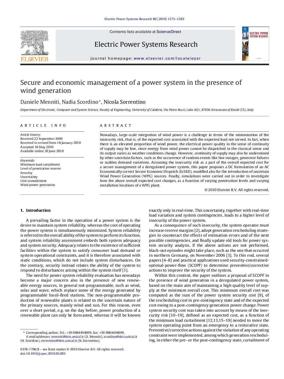 Secure and economic management of a power system in the presence of wind generation