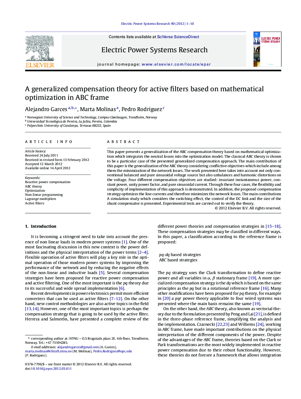 A generalized compensation theory for active filters based on mathematical optimization in ABC frame