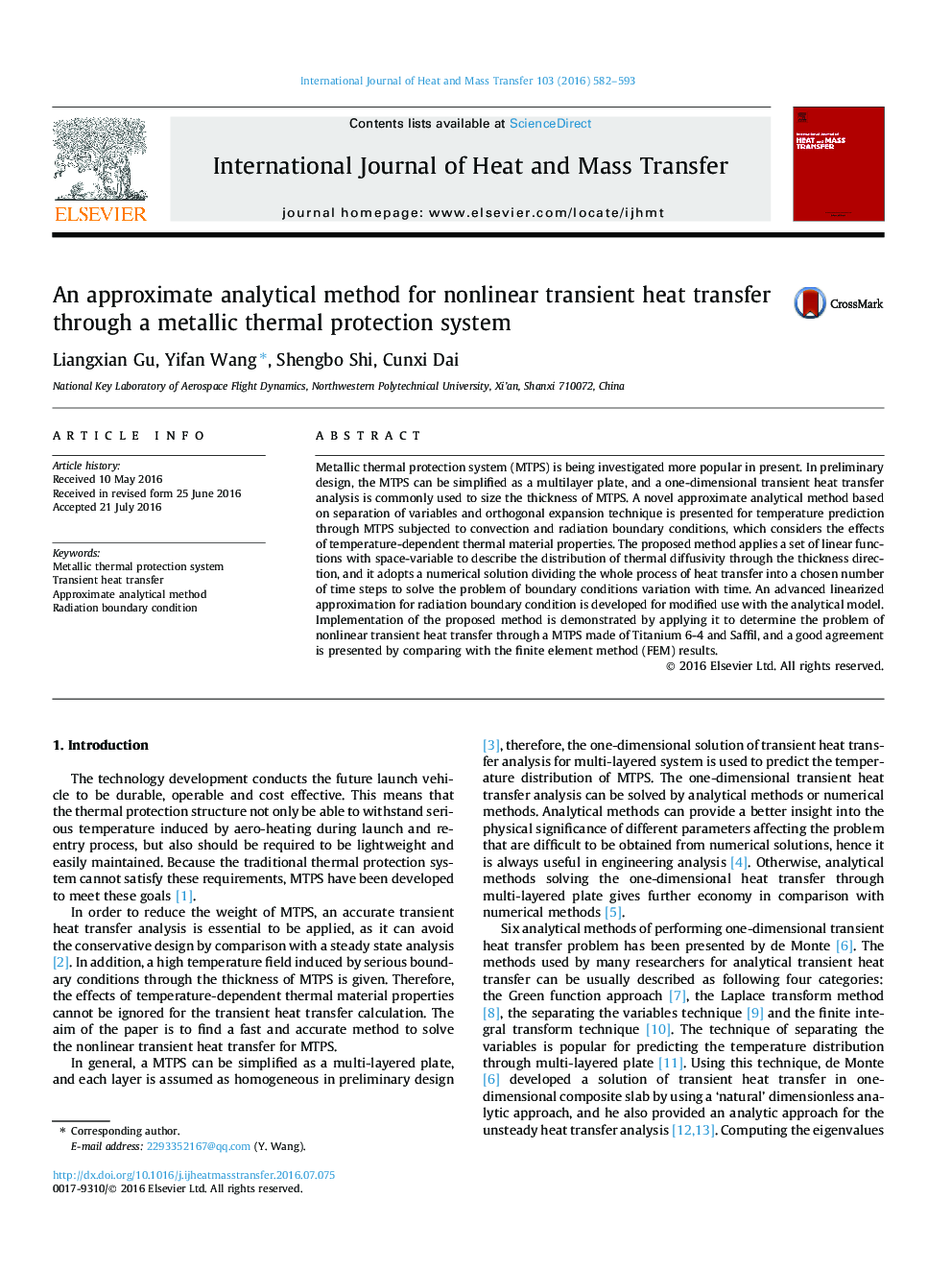 An approximate analytical method for nonlinear transient heat transfer through a metallic thermal protection system