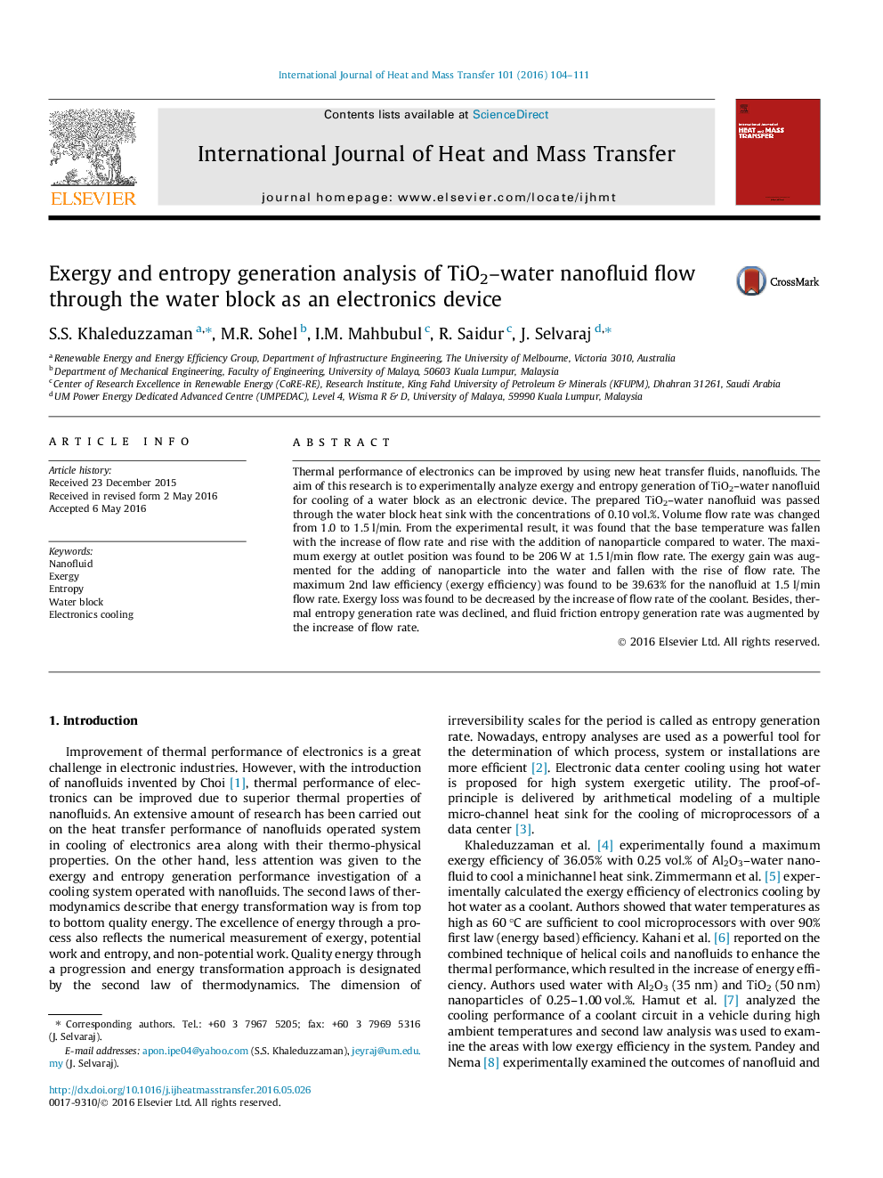 Exergy and entropy generation analysis of TiO2-water nanofluid flow through the water block as an electronics device